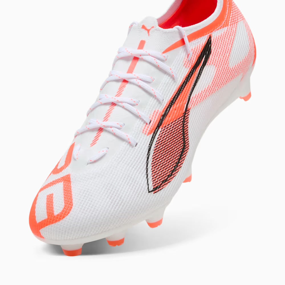 Puma Ultra 5 Pro FG/AG Soccer Cleats for Men - Lightweight Football Boots in White/Black/Glowing Red - Perfect for Artificial Grass & Firm Ground - Ideal for Competitive Matches & Training Sessions