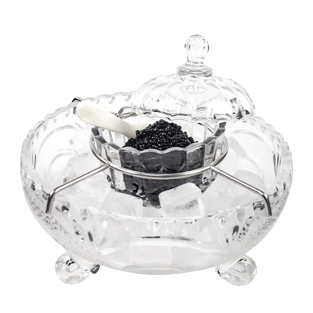 Premium Caviar Serving Set - 1 Glass Divided Bowl & 2 Mother of Pearl Spoons - Elegant Appetizer Dish for Seafood, Shrimp, Sushi - Perfect for Dinner Parties, Restaurants & Catering Events