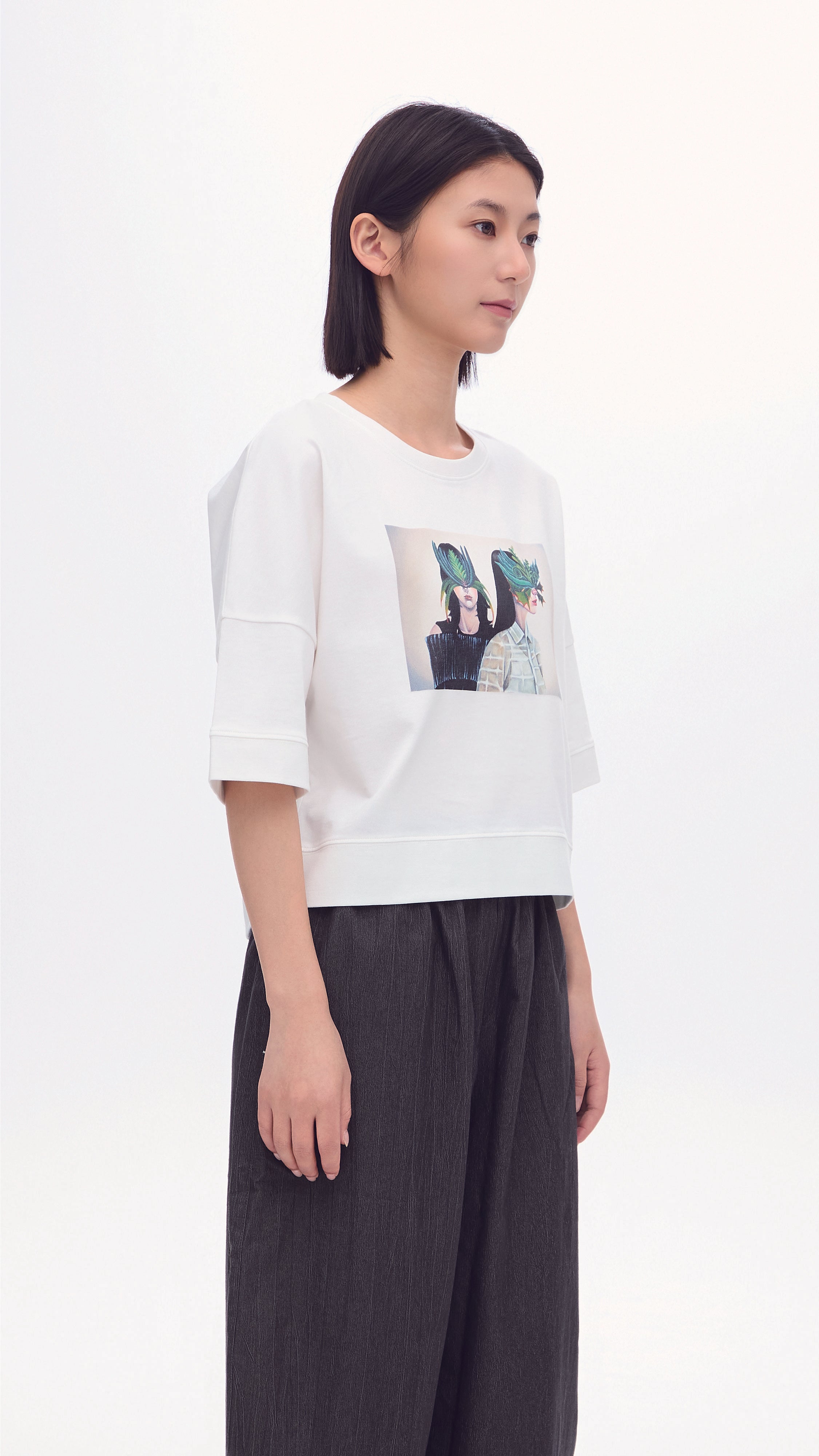 Mariko Enomoto Printed Puff Sleeve Tee - Women's Fashion Blouse for Casual Wear, Date Night & Office Outfits