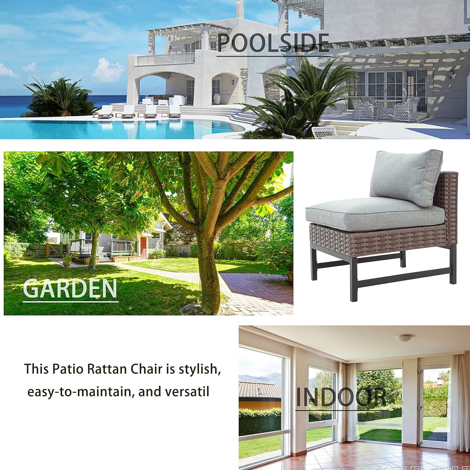 LOKATSE HOME Armless Wicker Patio Sofa Chair with Cushions & Metal Frame - Outdoor Furniture for Garden, Backyard, Poolside Relaxation - Brown (Perfect for Lounging, Sunbathing & Entertaining)