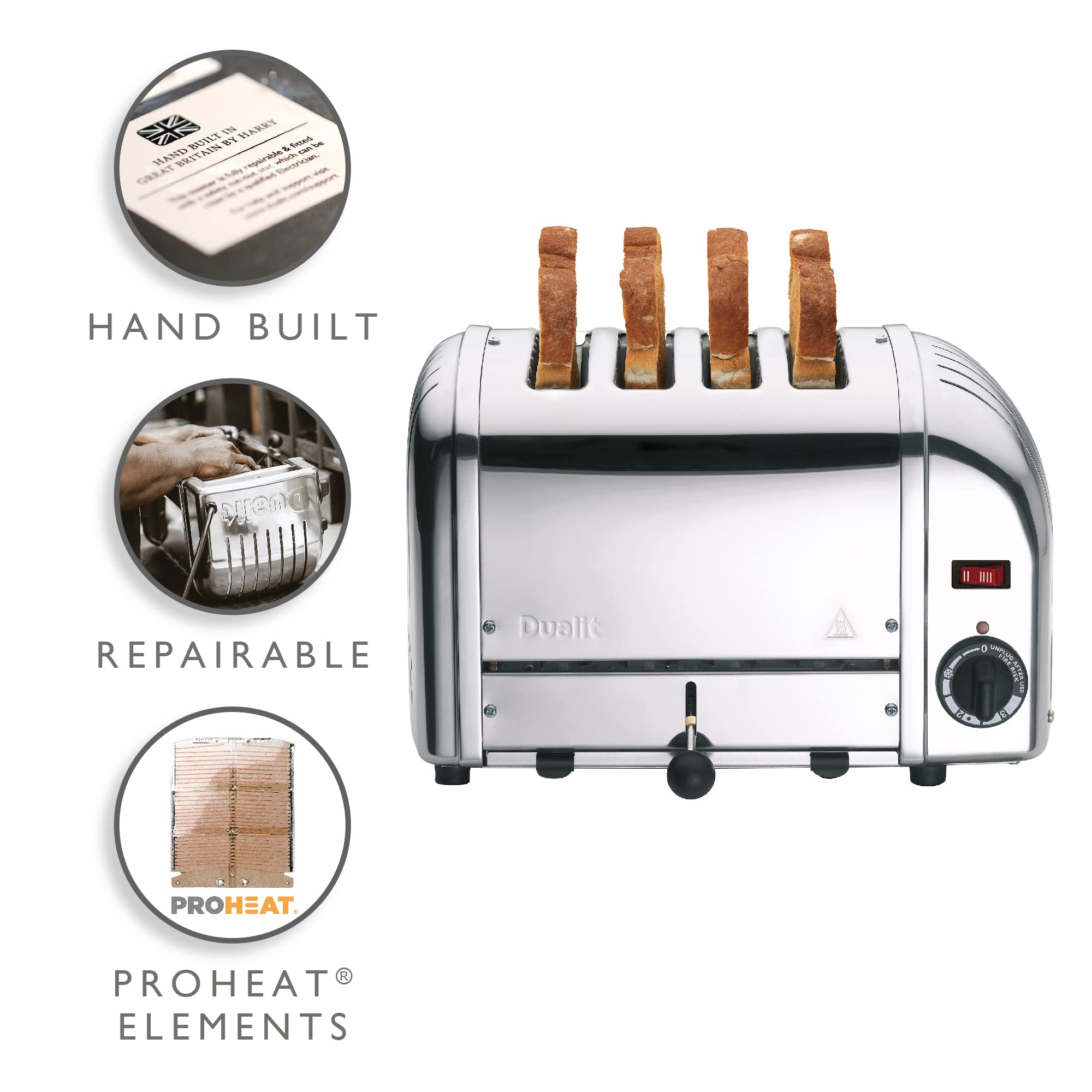 Dualit Classic 4 Slice Vario Toaster - Stainless Steel, Handcrafted in UK - ProHeat® Replaceable Elements - 2/4 Slice Heating, Defrost Function, Mechanical Timer - Durable & Easy to Maintain - Perfect for Breakfast, Brunch & Family Dining