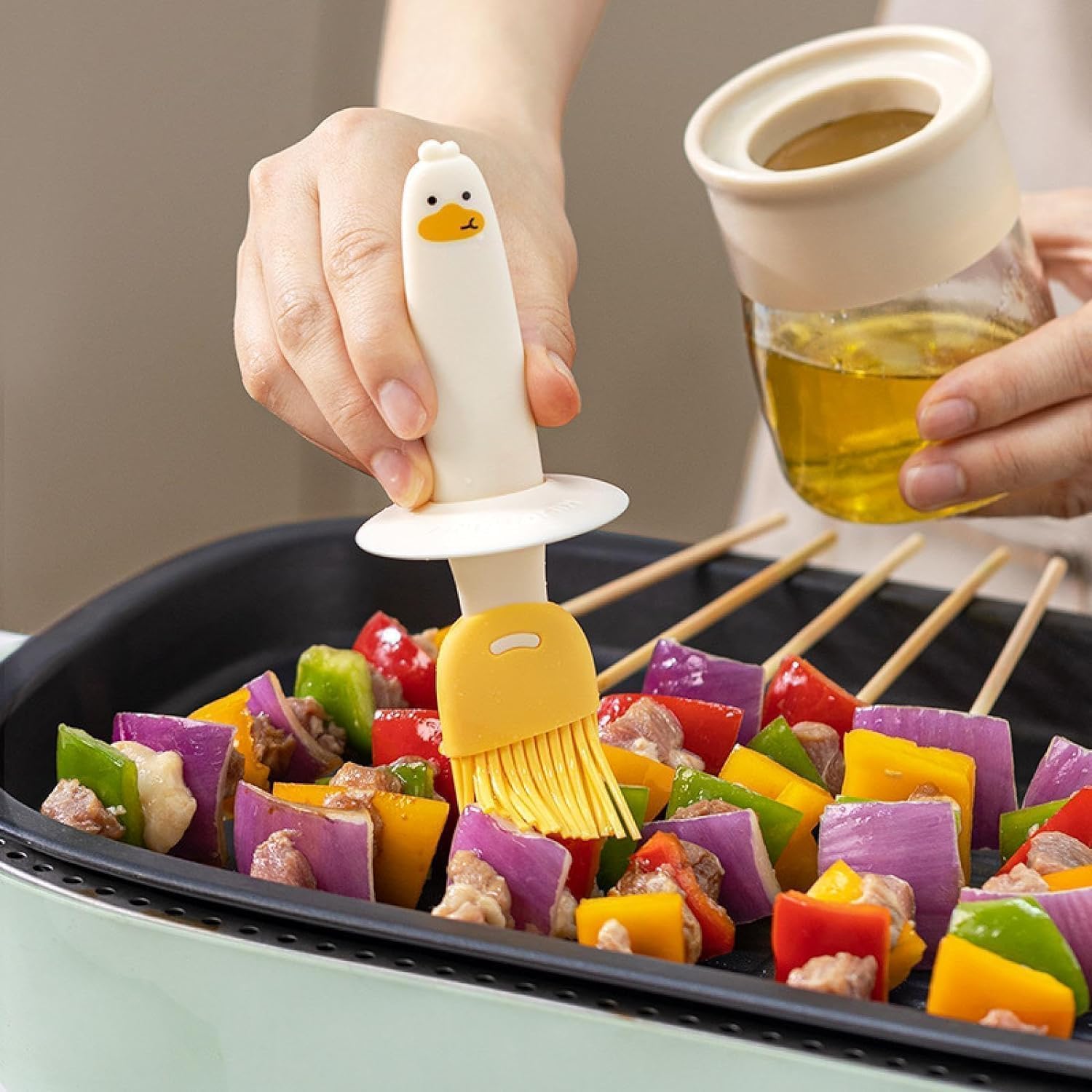 MR.JV 1-Piece Silicone Oil Dispenser Bottle with Basting Brush - Perfect for Cooking, Baking, BBQ, Air Frying - Ideal for Measuring Vinegar, Sauce & Oil (Multicolor) - Great for Kitchen, Grill & Food Prep
