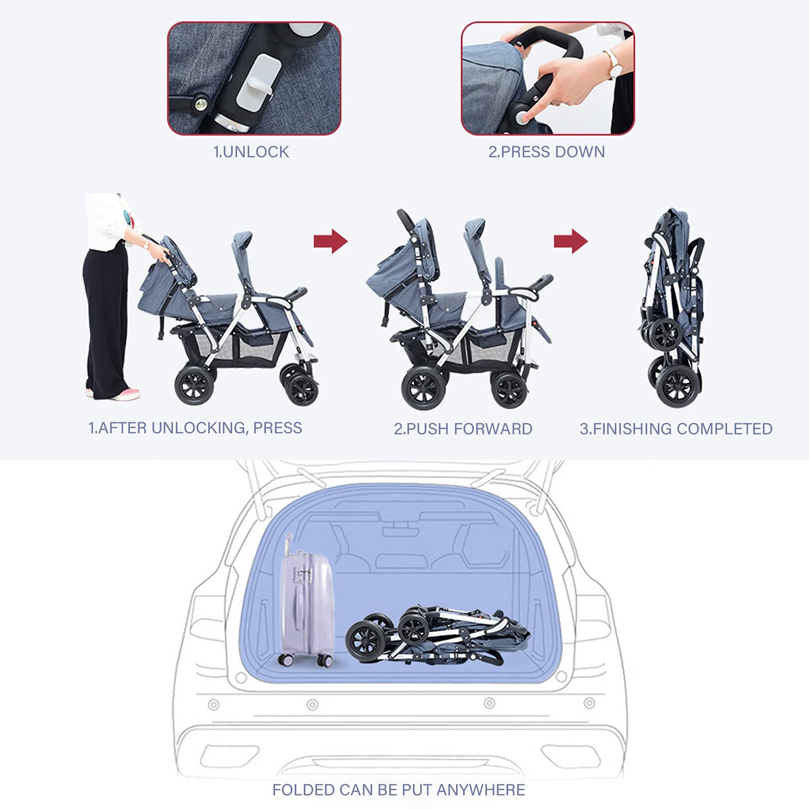 ESSBABY Double Stroller for Twins & Siblings - Lightweight Foldable Tandem Pushchair with Adjustable Height & Sun Canopy | Perfect for Shopping, Travel & Daily Walks