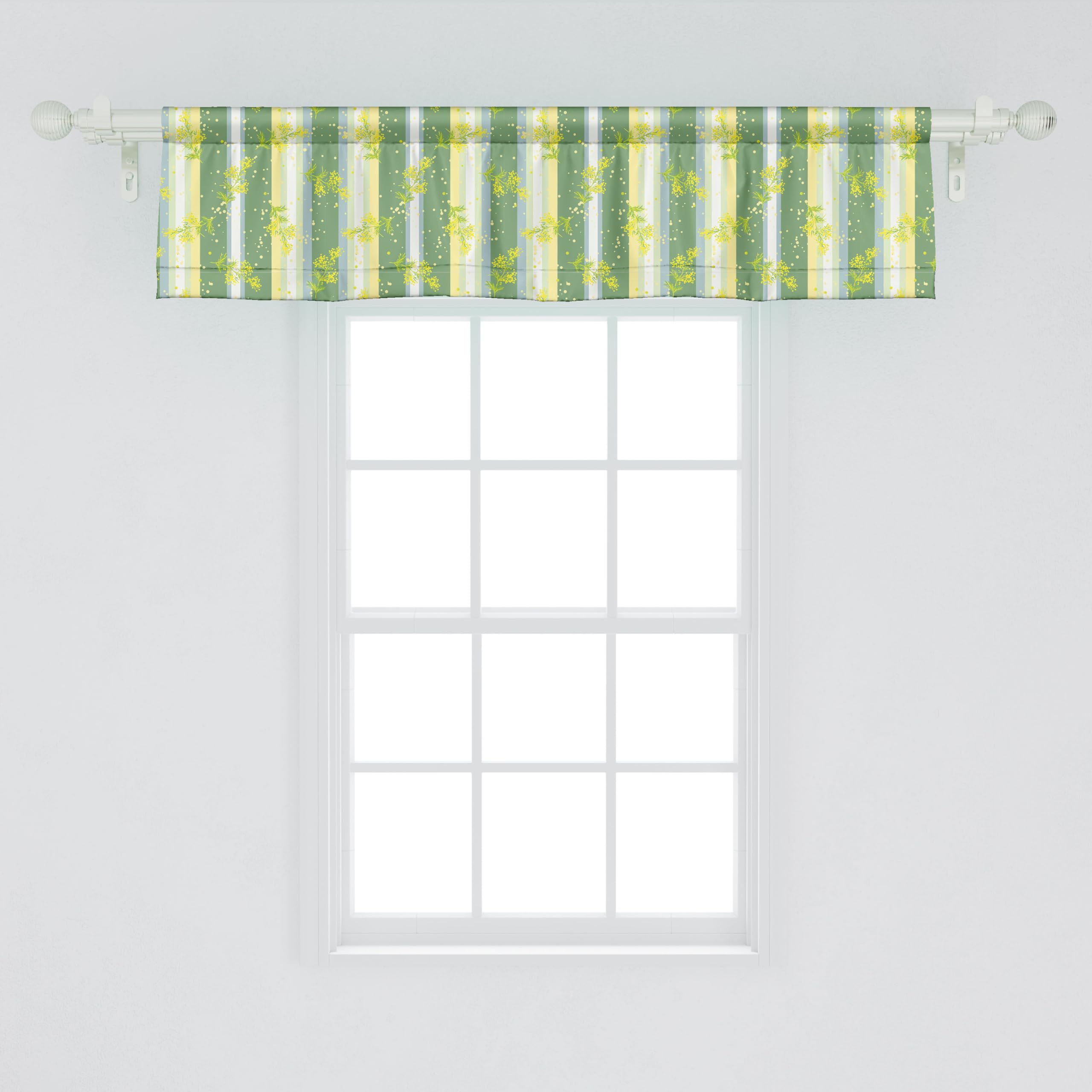 Ambesonne Striped Window Valance Set of 2 - Yellow Green Floral Curtain Valances with Rod Pocket, 54