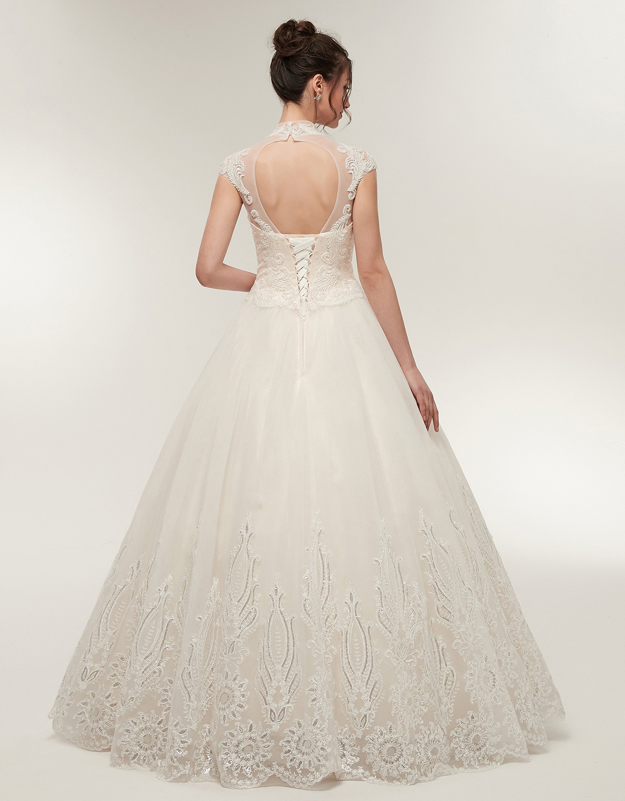 Elegant Beaded Sequins Applique Tulle Wedding Dress for Women - High Neck Bridal Gown for Church Ceremony, Ballroom Reception & Formal Occasions