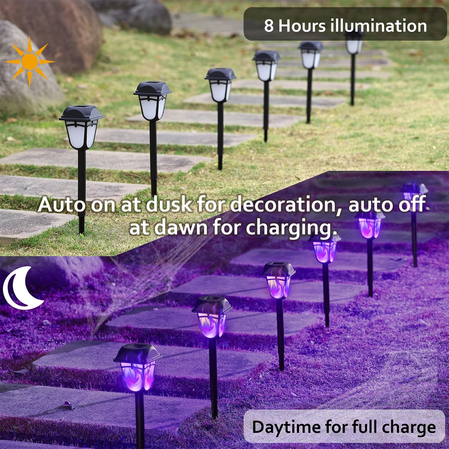 Dynaming Solar Purple Flame Torch Lights - 9 Pack Outdoor Halloween Pathway Lights with Flickering Flame Effect | Solar Powered Auto On/Off Garden & Lawn Decor | Perfect for Halloween Yard, Patio, Walkway & Pathway Lighting