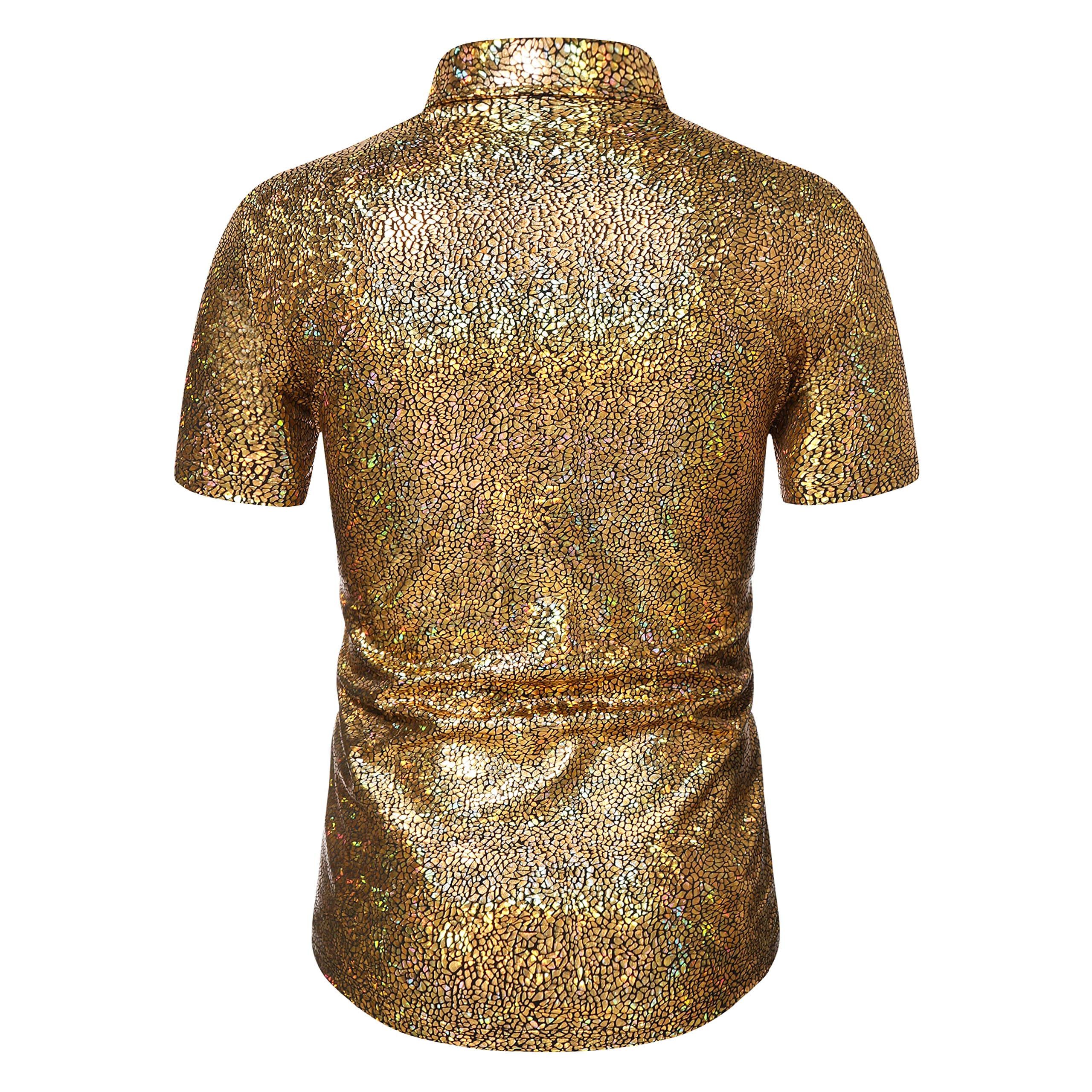 WULFUL Men's Disco Shirt with Sequins - 70s Style Short Sleeve Button Down Party Shirt for Costume, Nightclub, and Retro Theme Events