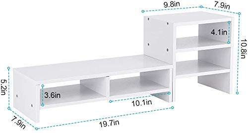 GOTOTOP White Wooden Laptop Monitor Riser Stand with 3-Layer Storage Shelf - Ergonomic Desktop Organizer for Home Office, Gaming Setup, and Workspace Efficiency