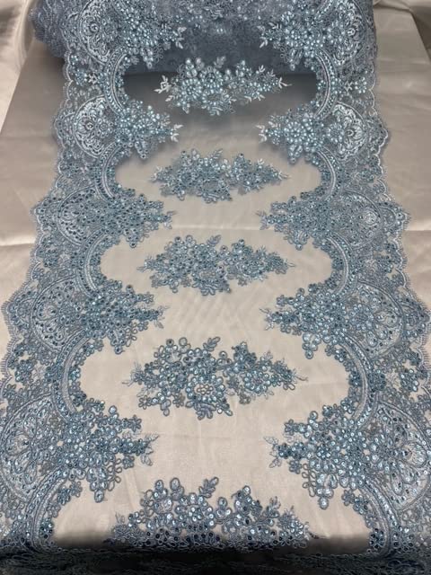 Sequin Embroidered Lace Fabric - 9 Yards Baby Blue Mesh for Wedding Dresses, Prom Gowns & DIY Costumes (VT-14)