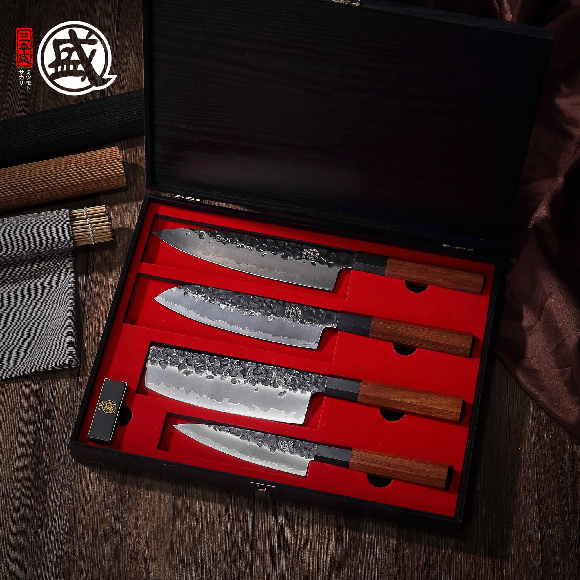 Premium Japanese Chef Knife Set 4 Pcs - Hand Forged High Carbon Steel Kitchen Knives with Rosewood Handle & Sandalwood Gift Box - Ultra Sharp Professional Cooking Knives for Sushi, Meat Cutting & Vegetable Prep