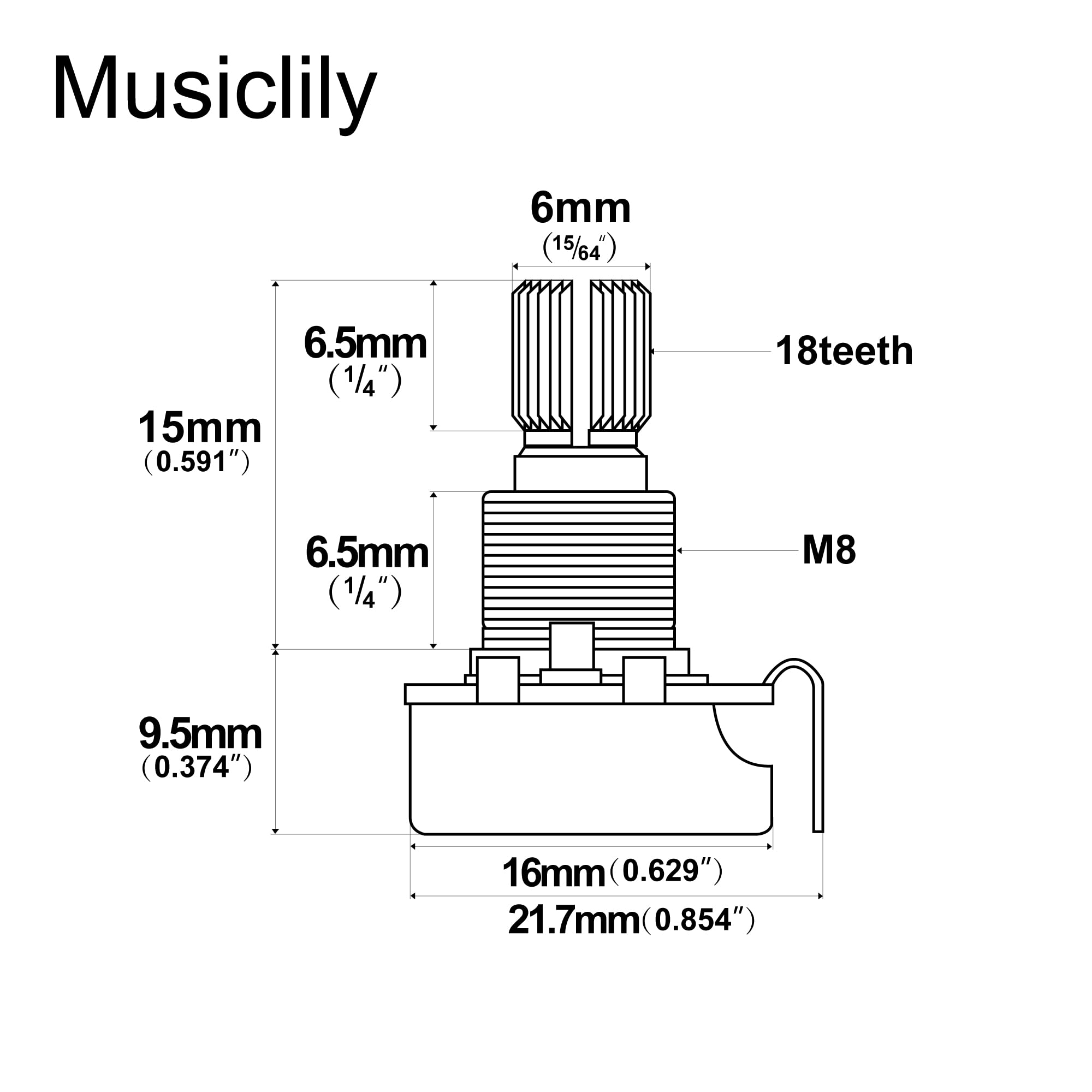Musiclily 15mm 500K Short Split Shaft Linear Taper Potentiometer - Mini Guitar Volume/Tone Control Pots (Pack of 2) - Perfect for Electric Guitar, Bass & DIY Audio Projects