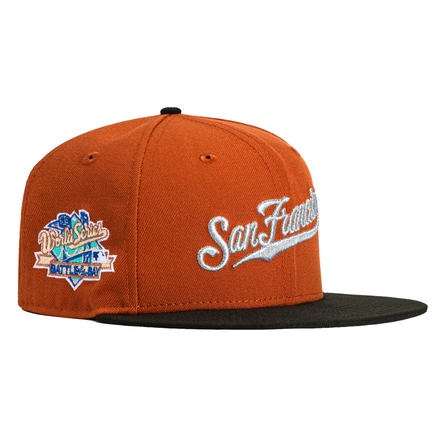 New Era 59Fifty San Francisco Giants Battle of the Bay Patch Script Hat - Burnt Orange, Black & Metallic Silver Baseball Cap for Men - Perfect for Games, Fan Gear & Streetwear Fashion