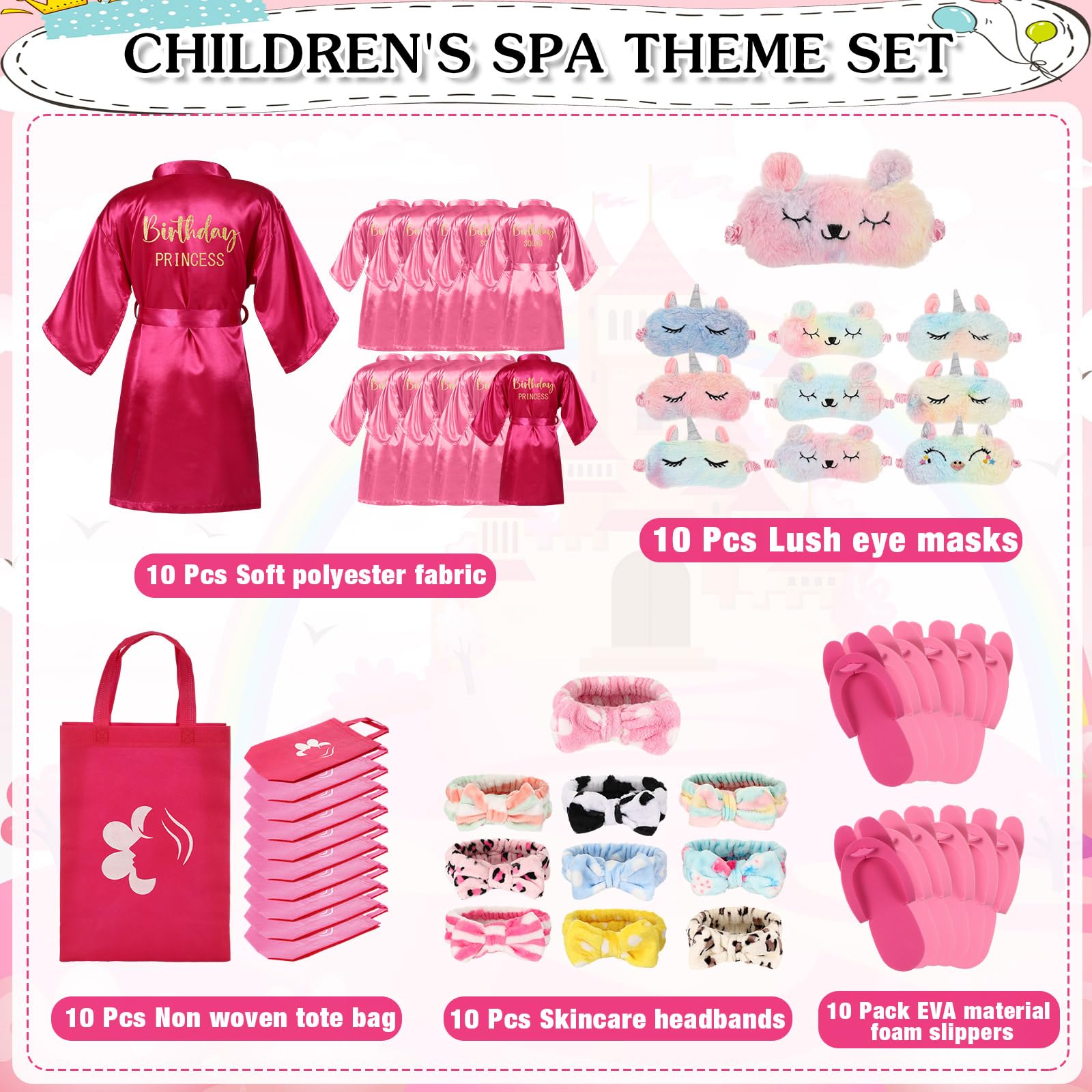 Bonuci 50 Pcs Spa Party Supplies Kit for Girls - 10 Satin Robes & 10 Kids Slippers - Sleepover Birthday Party Favors for Girls Spa Day, Pampering Party & Relaxation Gifts