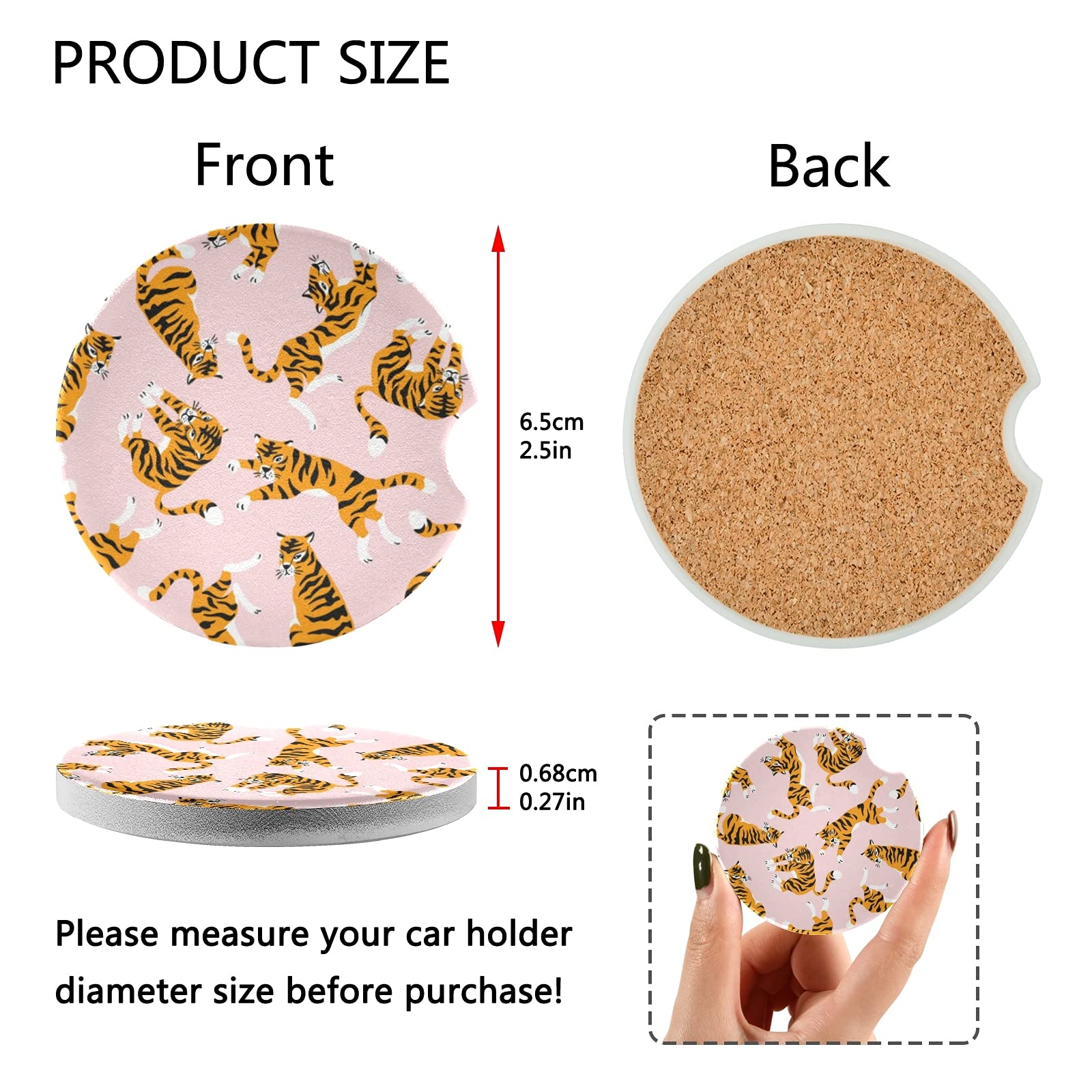 2 Pack Cute Tiger Ceramic Car Coasters for Drinks - Absorbent Cup Holder Mats with Fingertip Grip (2.5 Inch) - Perfect for Cars, Trucks & SUVs to Prevent Spills & Protect Surfaces