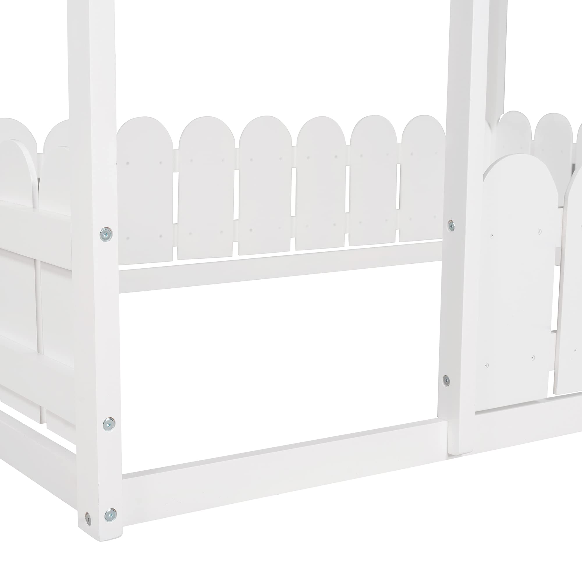 Full Size Wooden House Bed Frame with Safety Fence - Sturdy Cabin Floor Bed for Kids Nursery, Toddler & Children's Room Furniture - High Weight Capacity (White) - Perfect for Bedrooms, Daycare Centers & Playrooms
