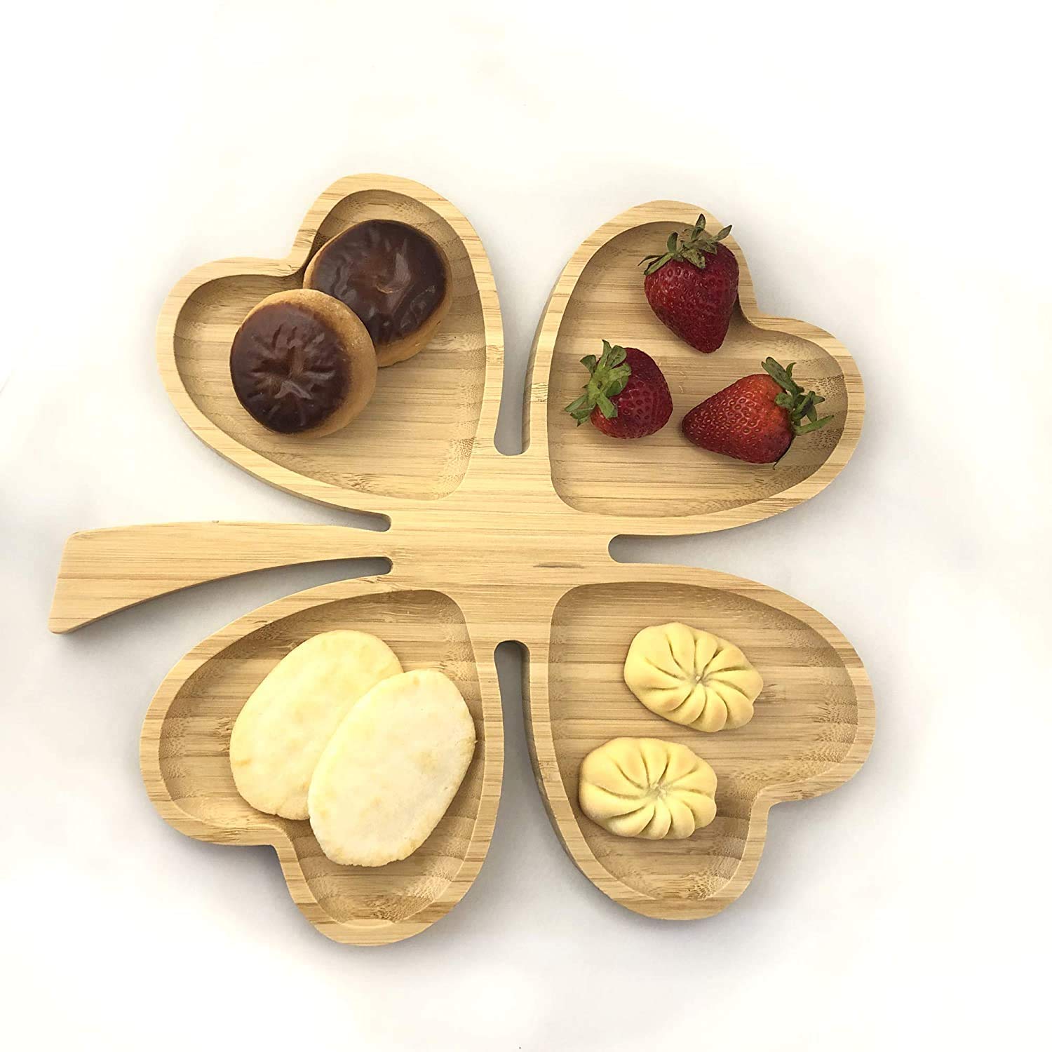 Romantic Heart-Shaped Bamboo Serving Tray - 4 Compartment Appetizer Platter for Wedding, Party & Snacks (10