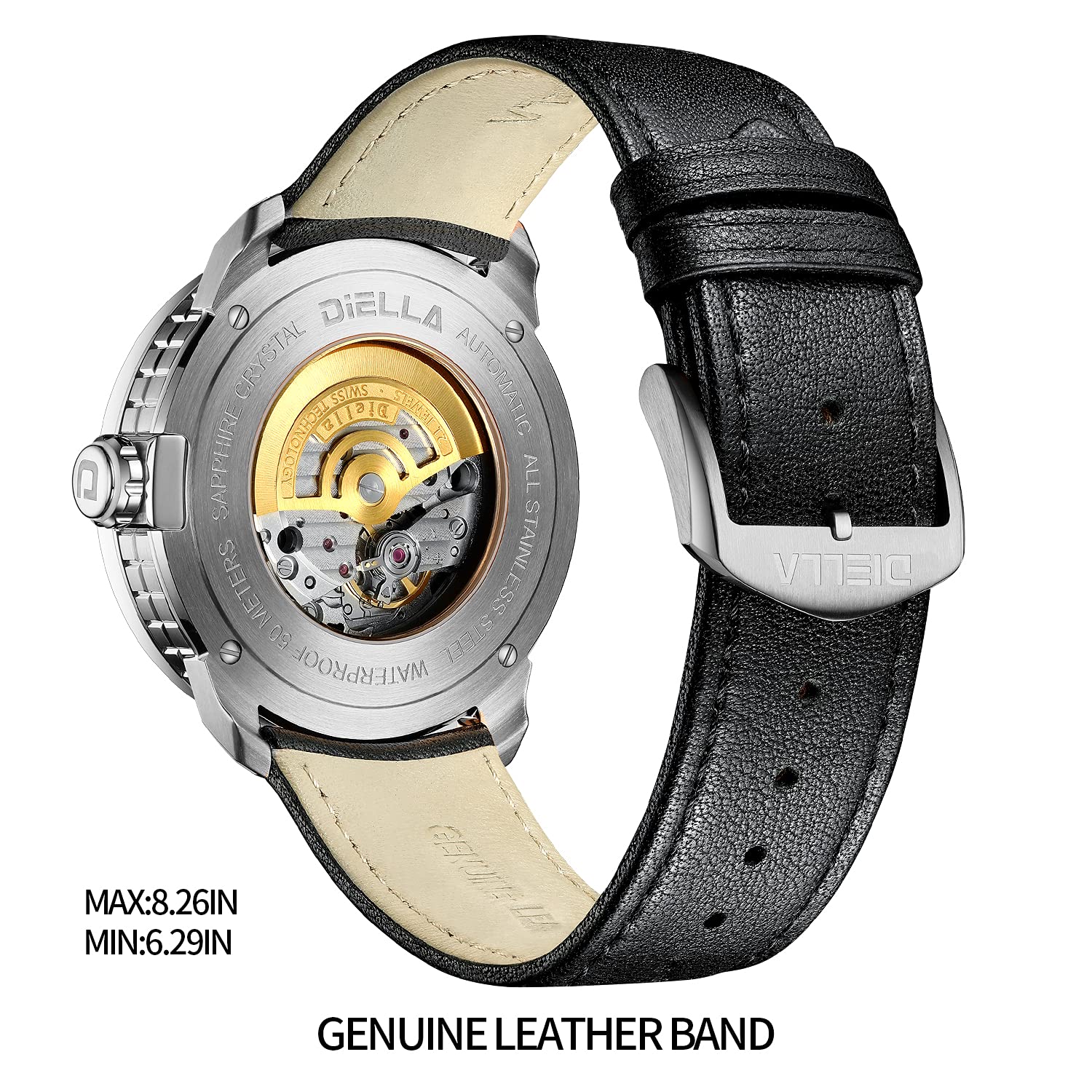 Diella Automatic Men's Watch - Black Leather Strap, Mechanical Movement, Waterproof, Luminous Hands, Date Display (Model AD6029) | Perfect for Business, Formal Occasions & Everyday Wear