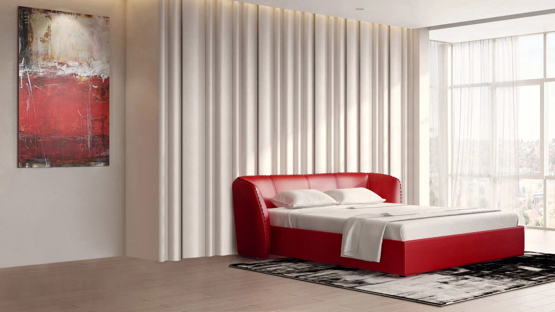 Zuri Furniture Modern Vitali Red Microfiber Leather King Size Platform Bed Frame - Perfect for Master Bedroom, Guest Room & Contemporary Home Decor