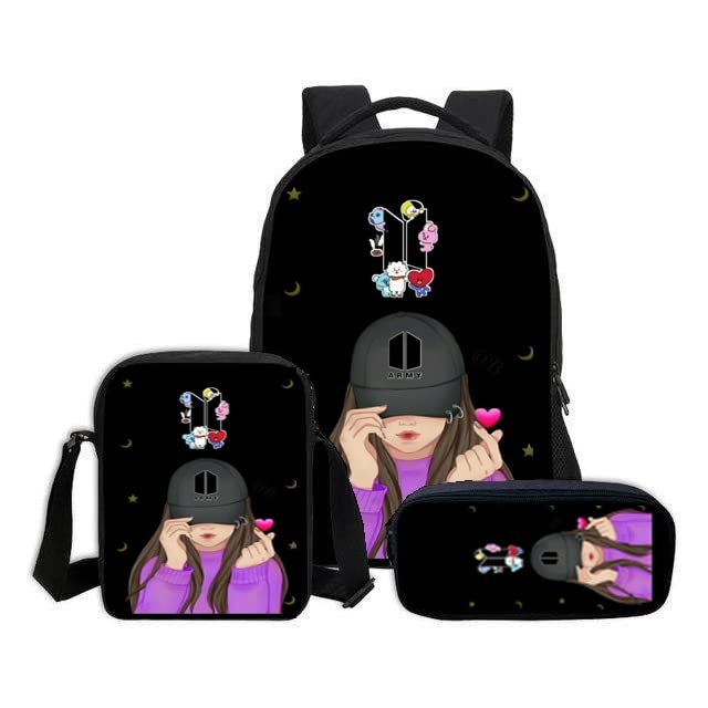 BTS Themed Casual Backpack Set for School, College & Office - 3-Size Combo with Lunch Box & Pencil Pouch (Black) | Perfect for K-Pop Fans, Students & Professionals