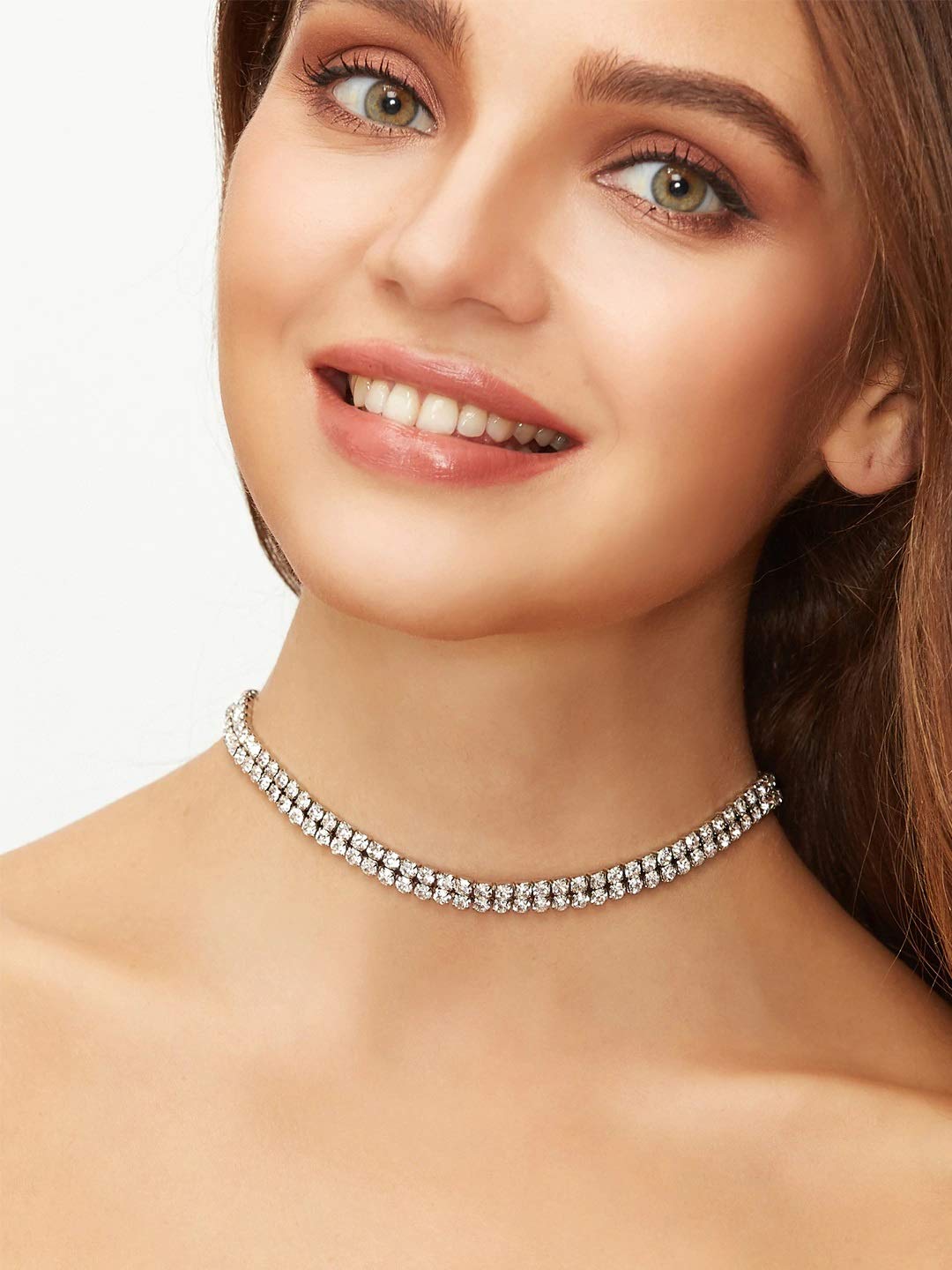 OOMPH Silver Tone Delicate Stone Choker Necklace for Women & Girls - Elegant Fashion Jewelry for Parties, Date Nights & Special Occasions
