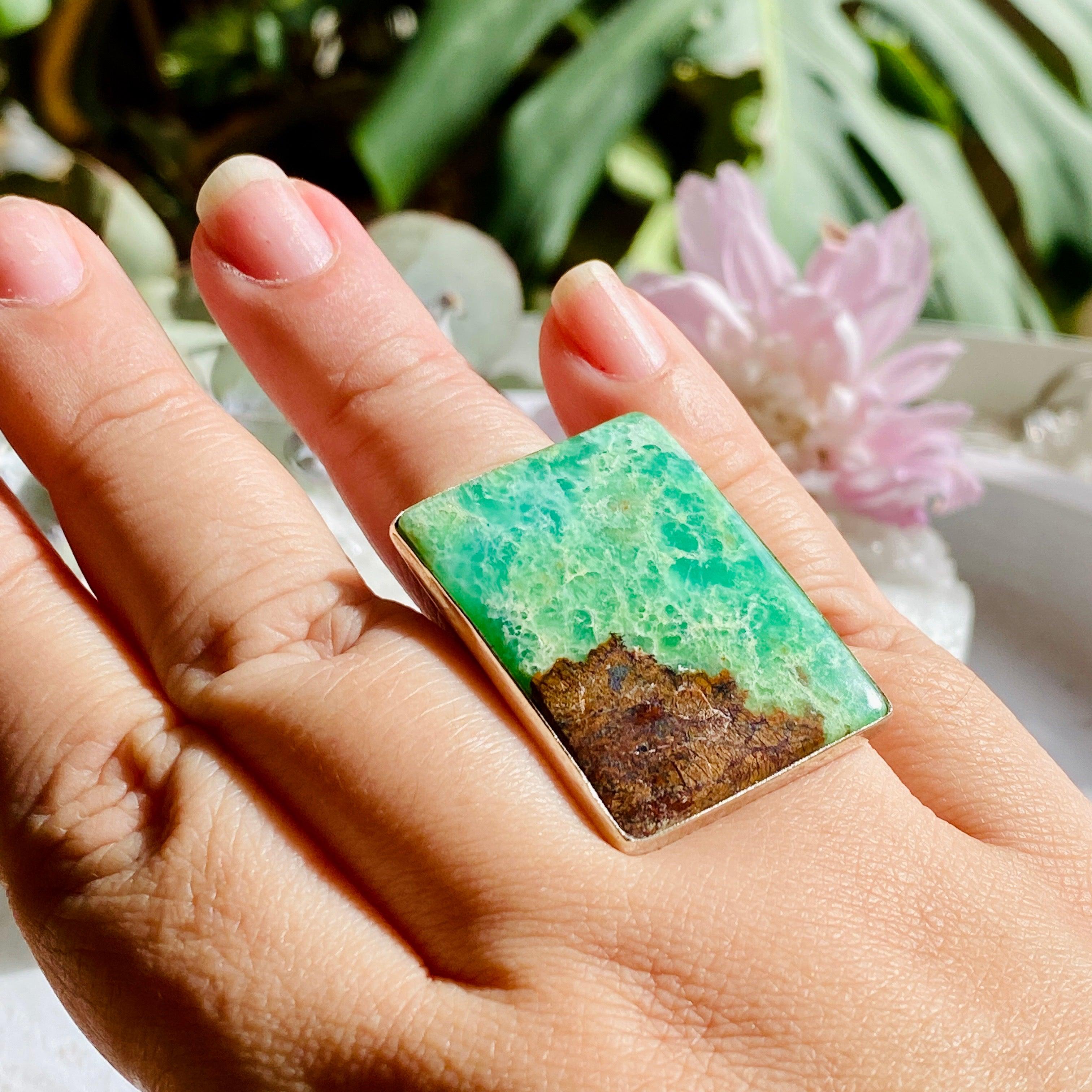 Chrysoprase Rectangle Ring Size 10.5 - KRGJ673 | Elegant Green Gemstone Jewelry for Women, Perfect for Weddings, Parties & Everyday Wear