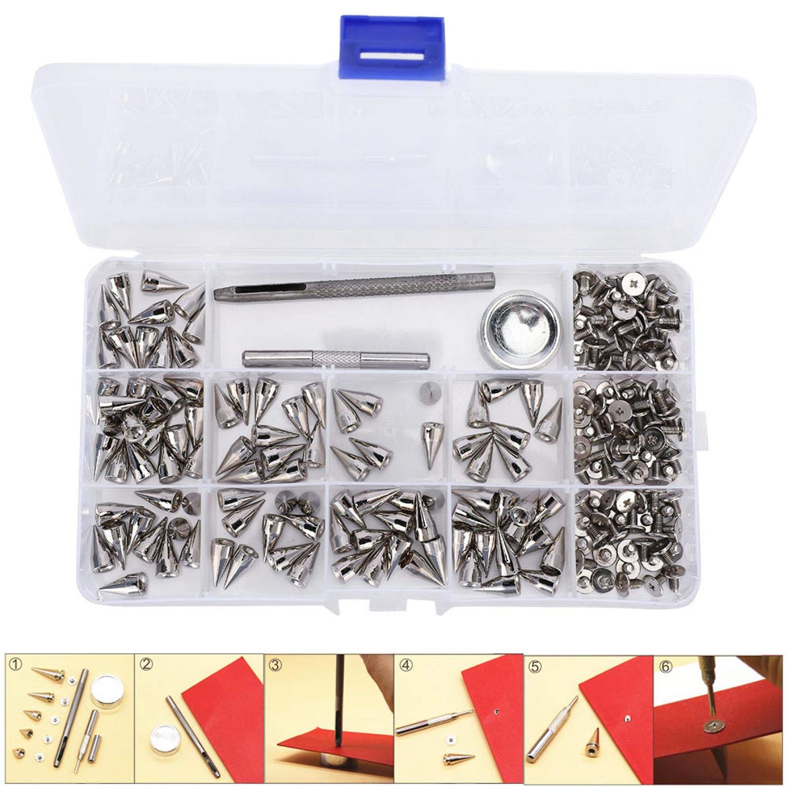Punk Patches Cone Spikes Rivet Studs for Clothing & Leathercraft - DIY Punk Accessories for Jackets, Vests, Bracelets & Bags - Includes Installation Tool for Easy Attachment