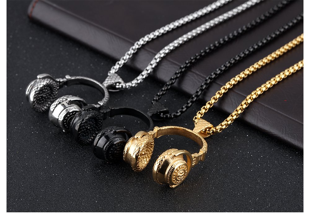 PAURO Men's Stainless Steel Music Headset DJ Headphone Pendant Necklace for Bikers - Gold, Black, Silver Options | Perfect Gift for DJs, Musicians & Motorcycle Enthusiasts