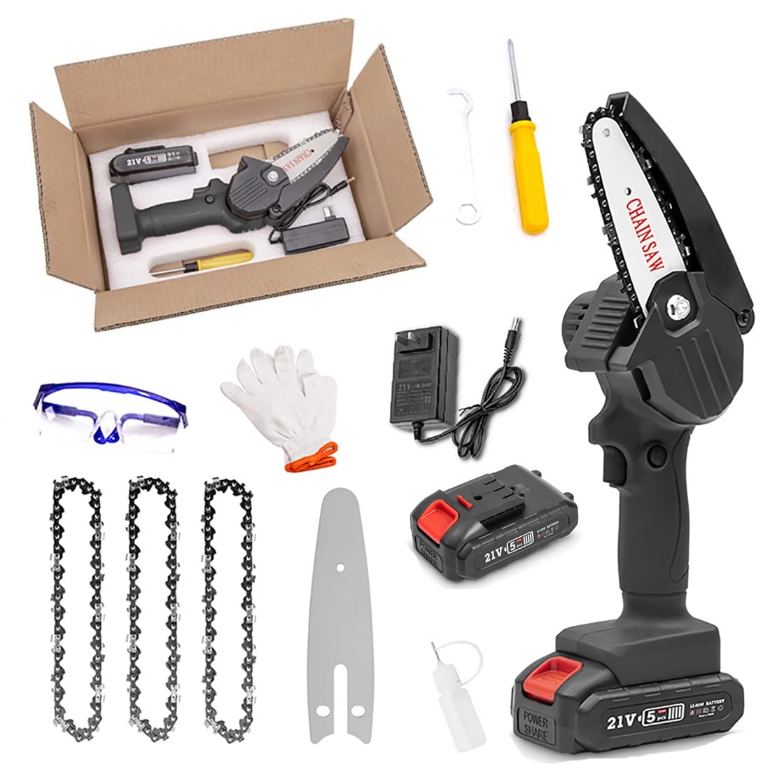 Mini Chain Saw - 4 Inch Cordless Electric Chainsaw with Battery & LED Lights | Portable Power Tool for Gardening, Wood Cutting & Outdoor Camping | Includes Charger for Convenient Use
