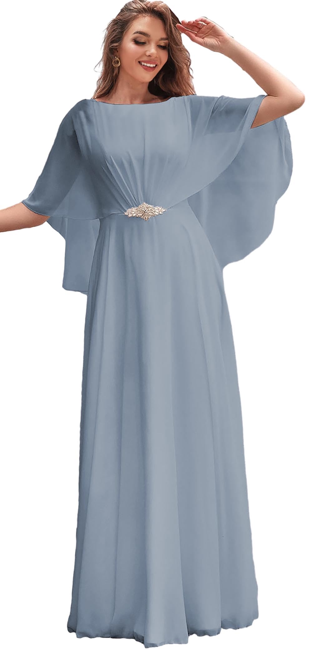 Elegant Chiffon Mother of the Bride Dress with Detachable Cape - Beaded Wedding Party Gown with Corset for Women | Perfect for Formal Occasions, Wedding Ceremonies, and Special Events