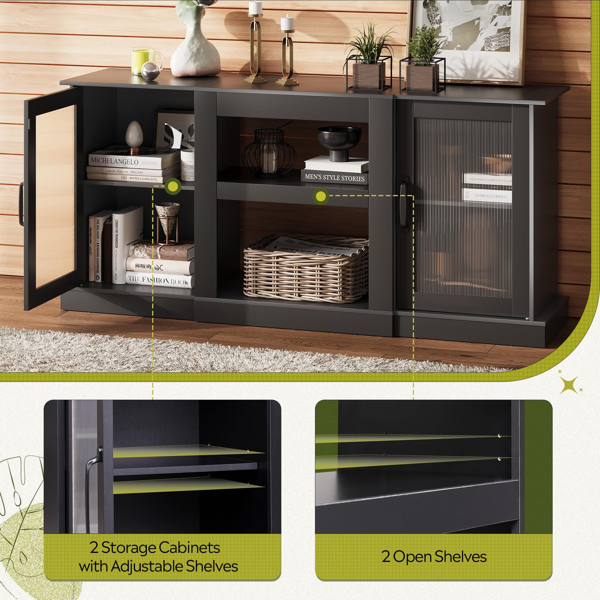 WLIVE Retro TV Stand for 65 Inch TVs - Modern TV Console Cabinet with Storage & Open Shelves - Entertainment Center for Living Room, Bedroom - Black - Perfect for Home Theater Setup & Media Organization