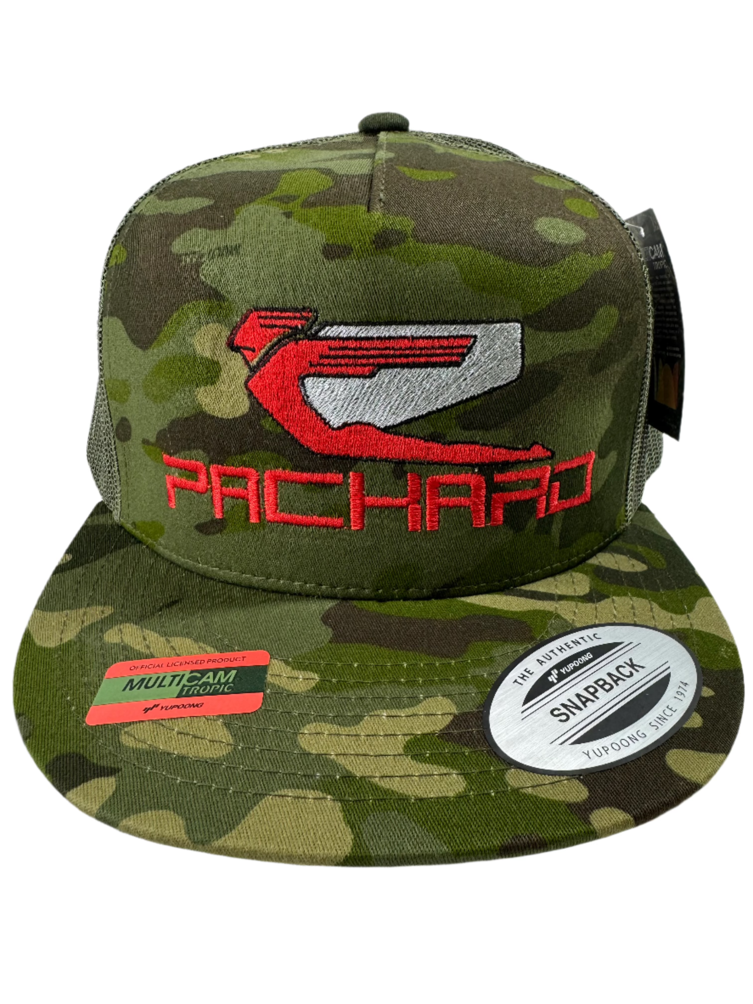 Embroidered Trucker Hat with Flat Brim - Red Logo Camouflage Design for Outdoor Activities, Sports & Casual Wear