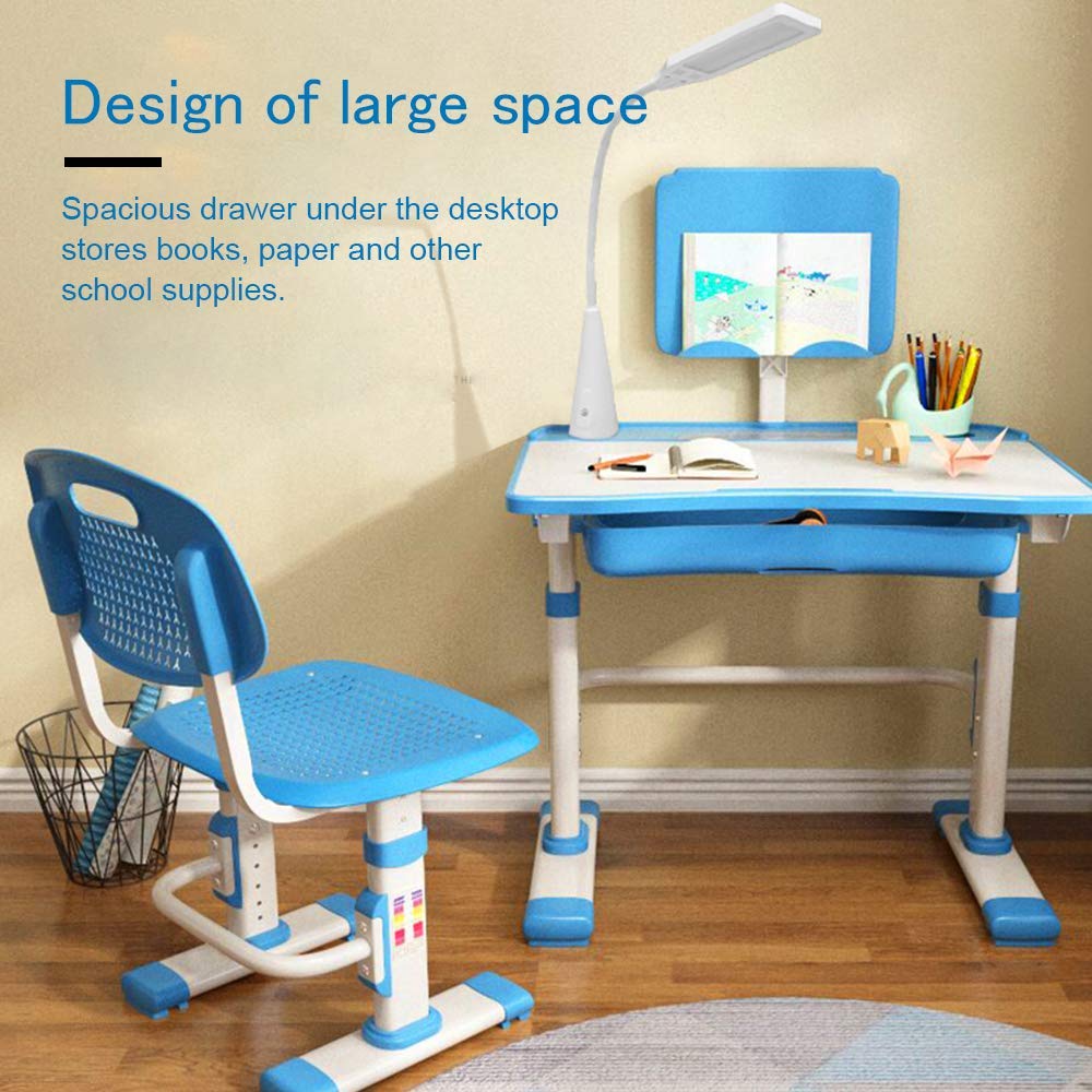 LVYUAN Adjustable Kids Study Desk and Chair Set with Tiltable Desktop, 3-Level LED Light - Ergonomic Children's Learning Table for Bedroom, Homeschool & Classroom (Blue) - Perfect for Homework, Drawing & Online Learning