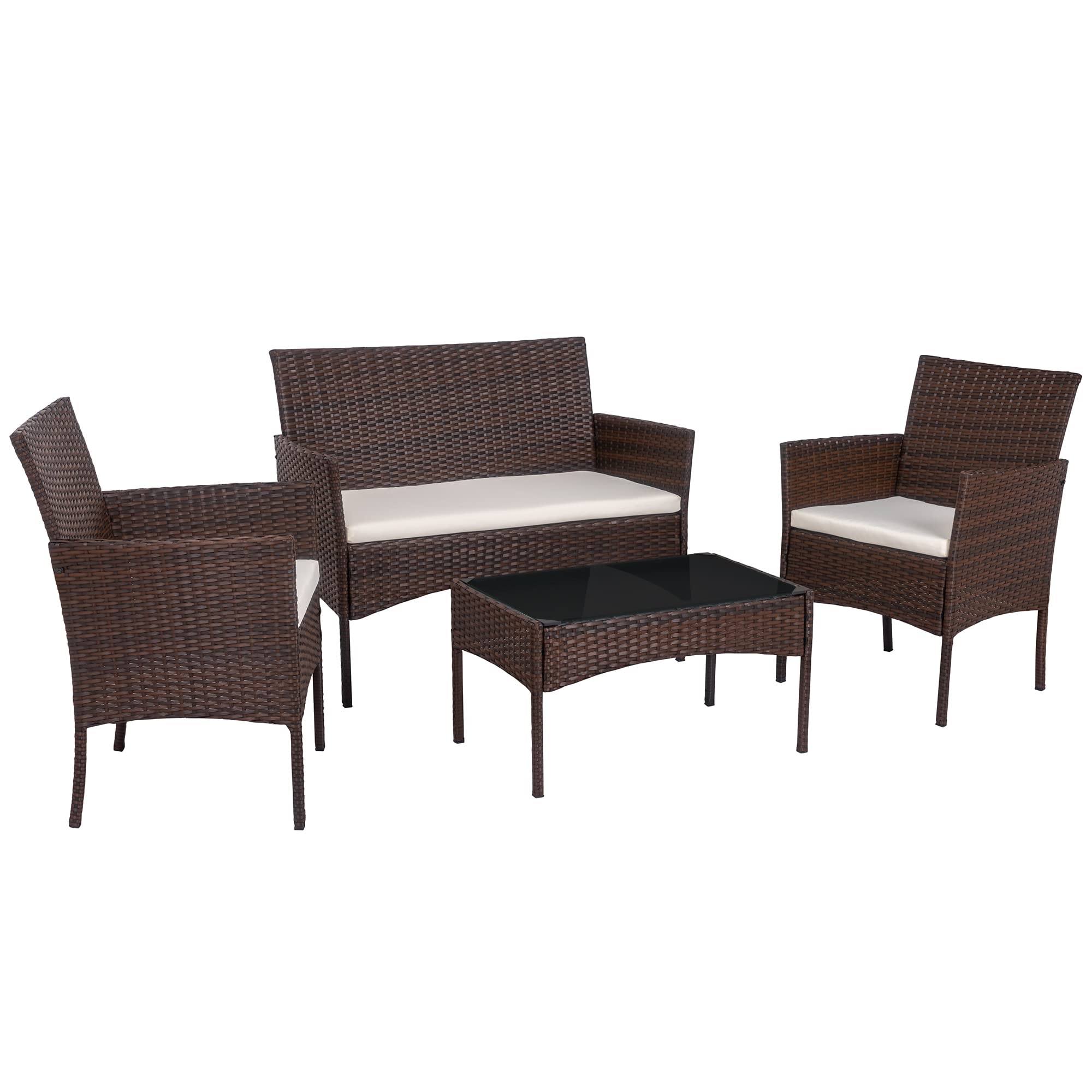**SUNLEI 4-Piece Outdoor Patio Furniture Set - Rattan Wicker Conversation Set with Coffee Table, Brown & White - Perfect for Backyard, Porch, Garden, Poolside, Balcony, Indoor & Outdoor Use**