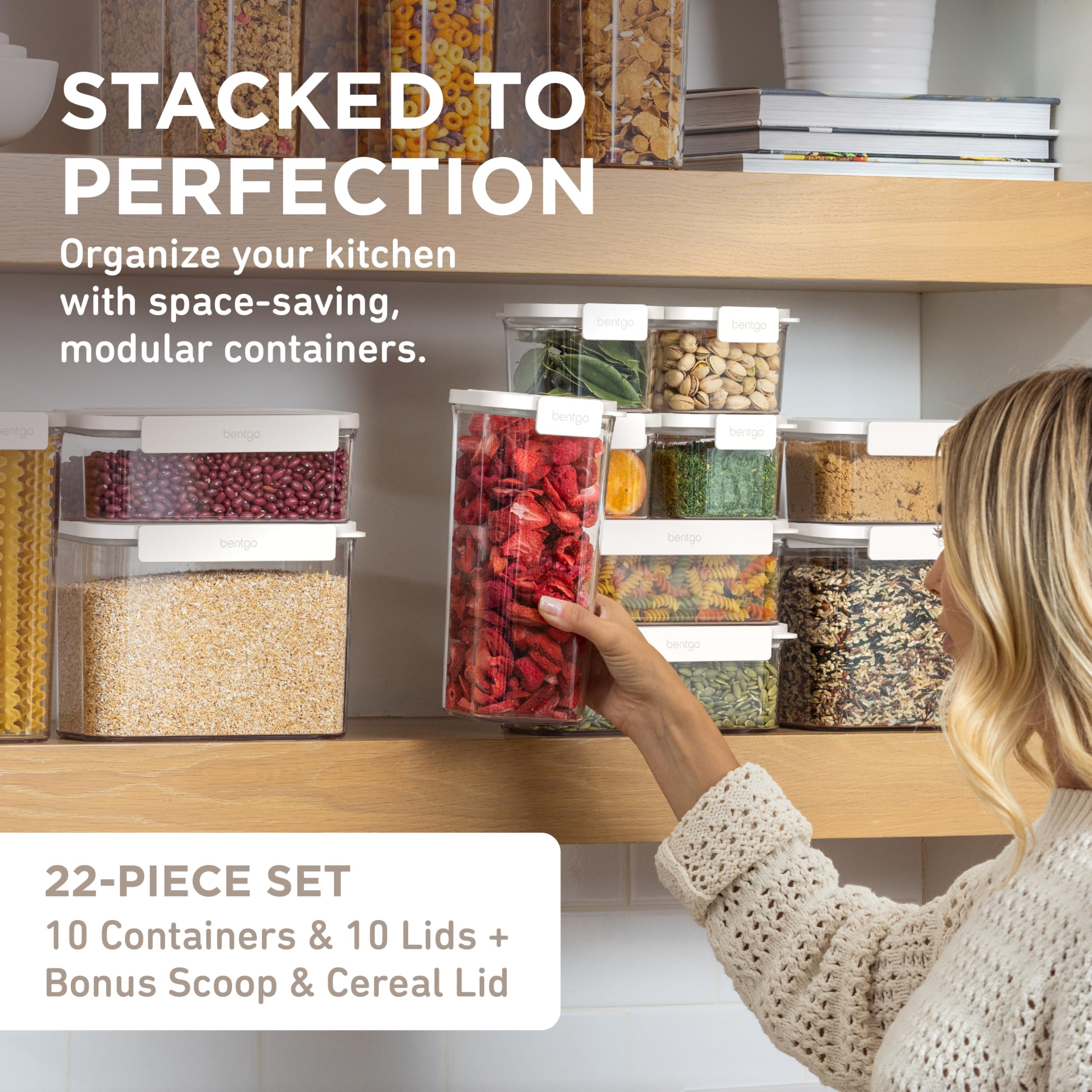 Bentgo Pantry - 22-Piece Airtight Food Storage Containers Set, Clear Stackable Kitchen & Pantry Organization with Locking Lids for Freshness, Includes Bonus Cereal Lid & Scoop, BPA-Free Plastic (Snow) | Perfect for Meal Prep, Snack Storage & Pantry Organization