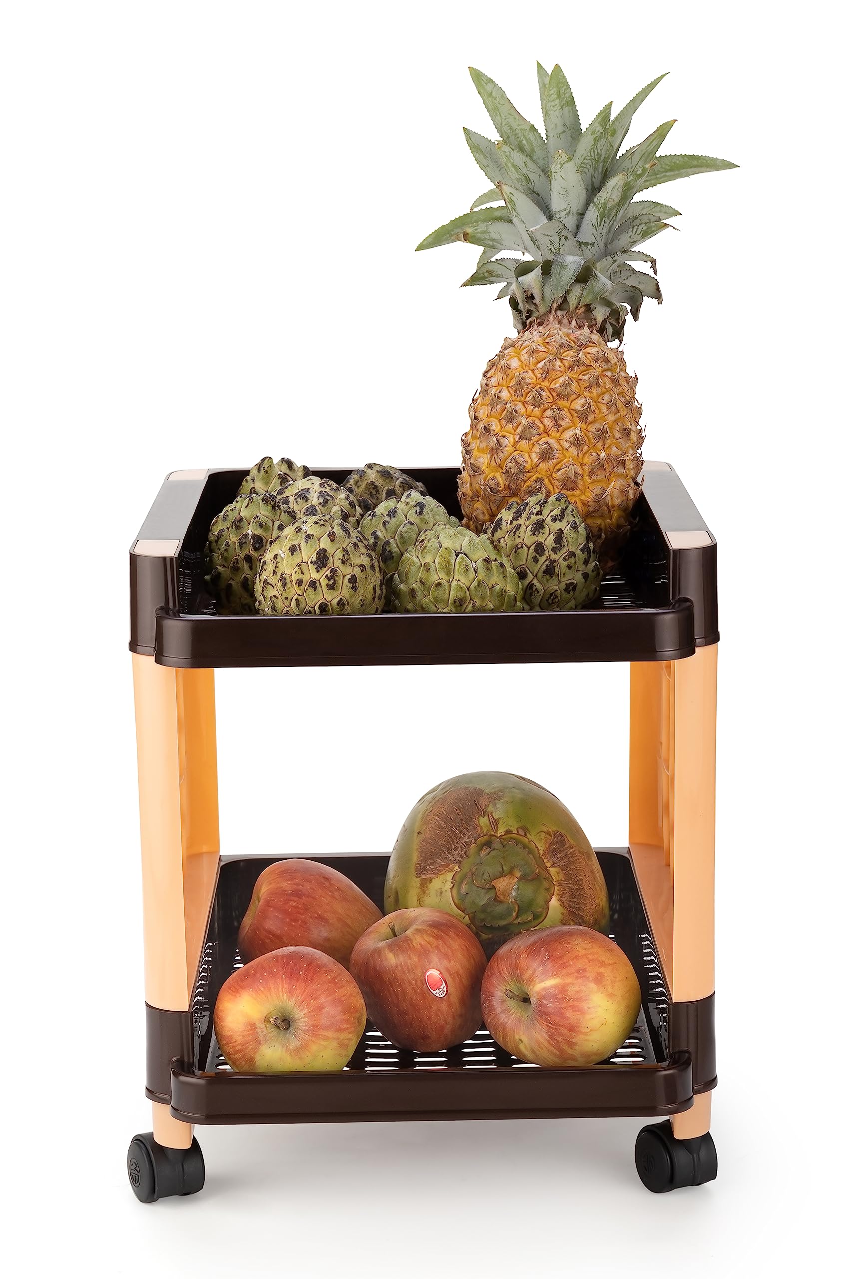 2-Tier Rolling Vegetable Storage Rack with Wheels - Brown Plastic Organizer Basket for Kitchen, Pantry & Office - Perfect for Potatoes, Onions & Snacks - Space Saving Storage Solution for Small Homes & Apartments