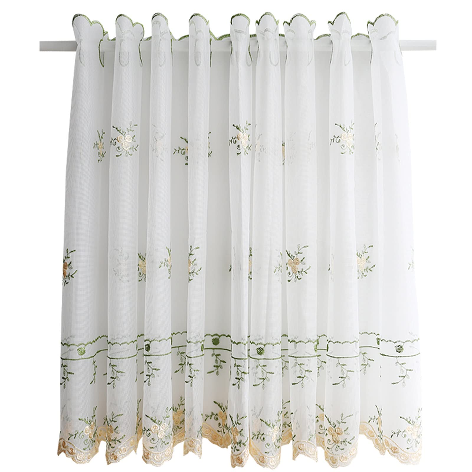 V3VOGUE Yellow Bud Embroidered Semi-Sheer Kitchen Curtains - 1 Panel Café Valance Window Drape for Bistro, Home & Door Decor | Rustic Farmhouse Style for Kitchen Windows, French Doors & Breakfast Nooks