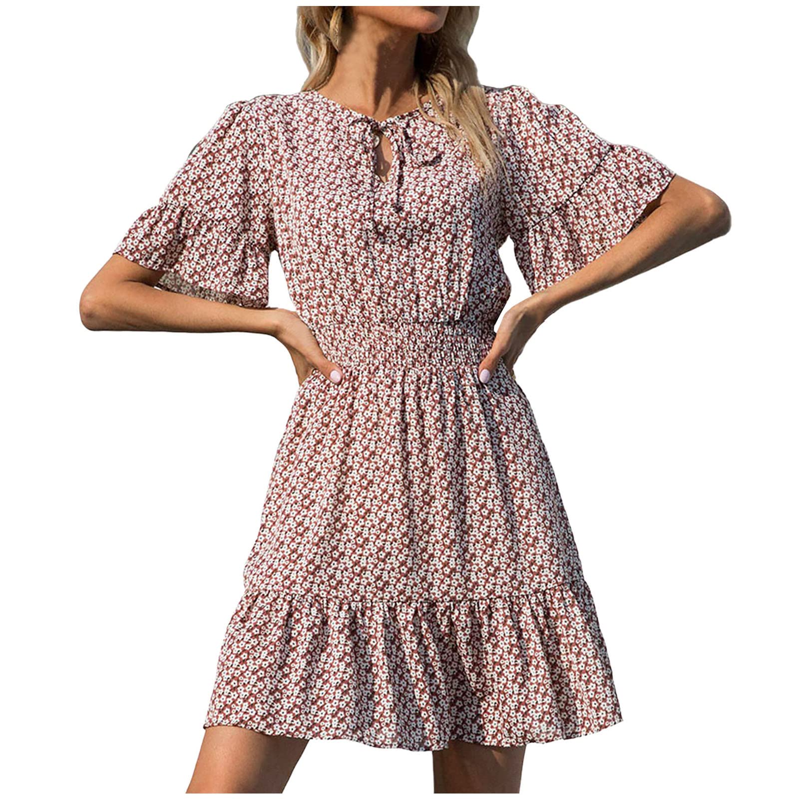 Boho Mini Dress for Women - Summer Polka Dot Ruffle Swing Dress with Elastic Waist | Trendy Casual Shirt Dress for Beach, Vacation & Date Night