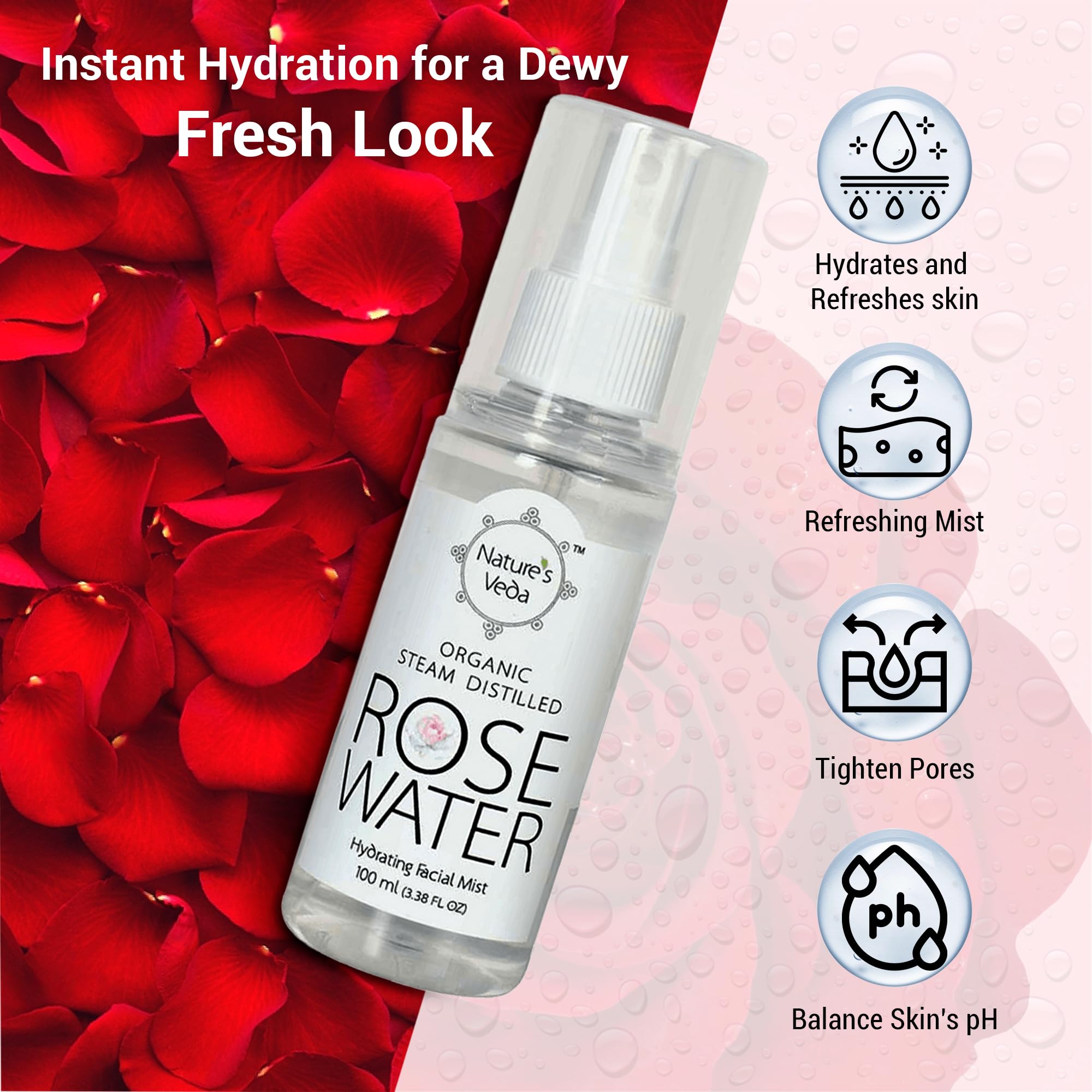 Nature's Veda 100% Pure Organic Rose Water (100ml) - Natural Skin Toner for Cleansing, Hydrating & Soothing | Helps Maintain pH Balance | Perfect for Daily Skincare, Makeup Setting & Post-Shave Relief
