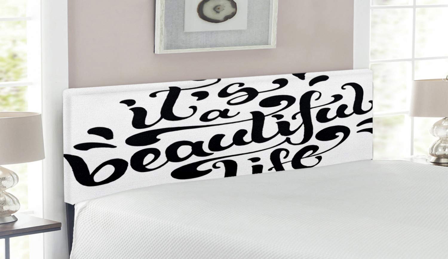 Ambesonne Inspirational Upholstered Headboard - Positive Life Words Hand-Drawn Calligraphy, Queen Size Black & White Decorative Metal Bed Frame with Memory Foam | Perfect for Bedroom Decor, Guest Rooms & Meditation Spaces