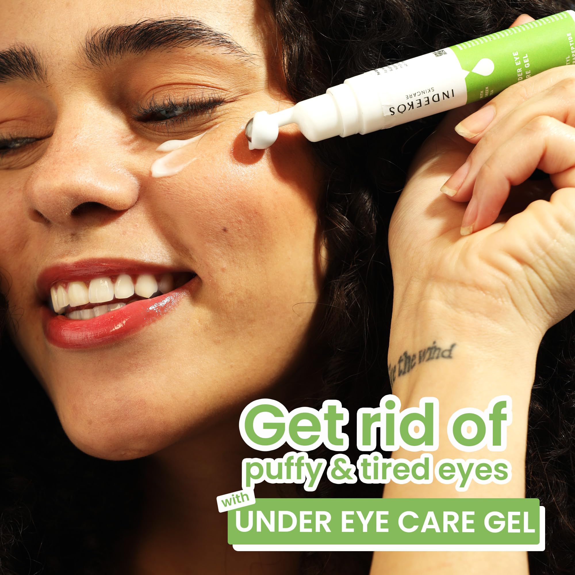 INDEEKOS Under Eye Gel Cream with Caffeine & Green Tea - Reduces Dark Circles, Puffiness, Wrinkles & Fine Lines - Hydrating Glow Booster for Men & Women - Vegan 15g - Perfect for Night Routine & Travel Skincare