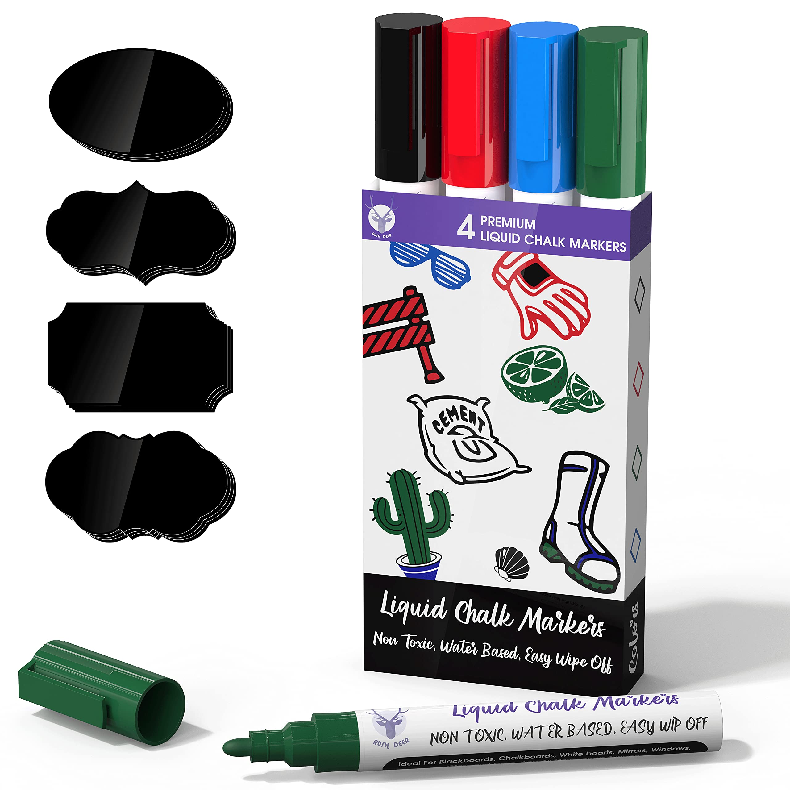 Premium Liquid Chalk Marker Pens Set - 4 Vibrant Colors Dry Erase Markers with 24 Chalkboard Labels | Reversible Bullet & 6mm Chisel Tip for Chalkboard Signs, Windows, Blackboards, Glass & Bistro Boards | Perfect for Restaurants, Cafes, Retail Stores & Classroom Decorations