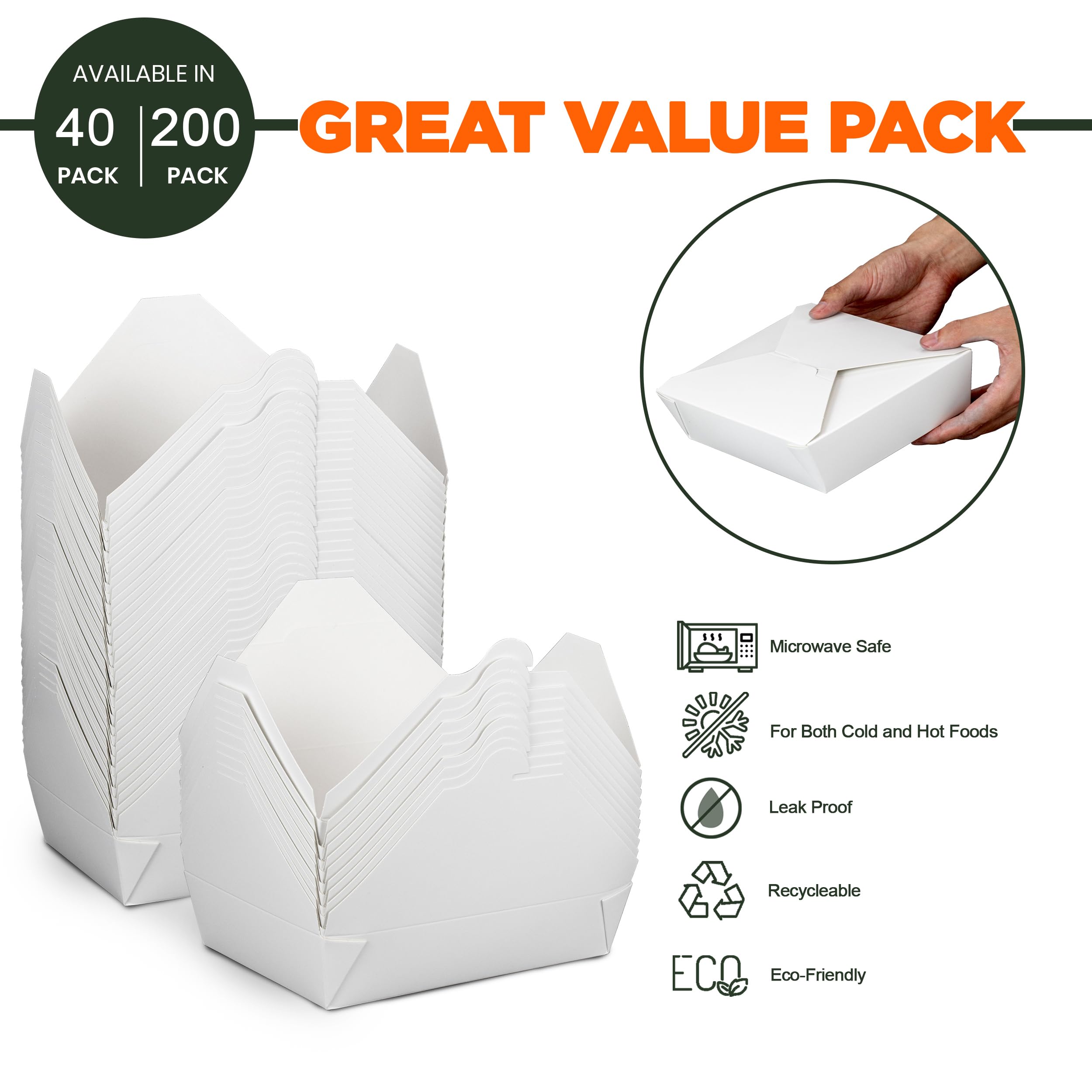 40 Pack 54 oz White Disposable Paper Takeout Containers - 8.5x6x2 Inch Microwave Safe Meal Prep Boxes for Lunch, Food Storage & To-Go Packaging | Perfect for Restaurants, Catering, Office Lunches & Home Meal Prep