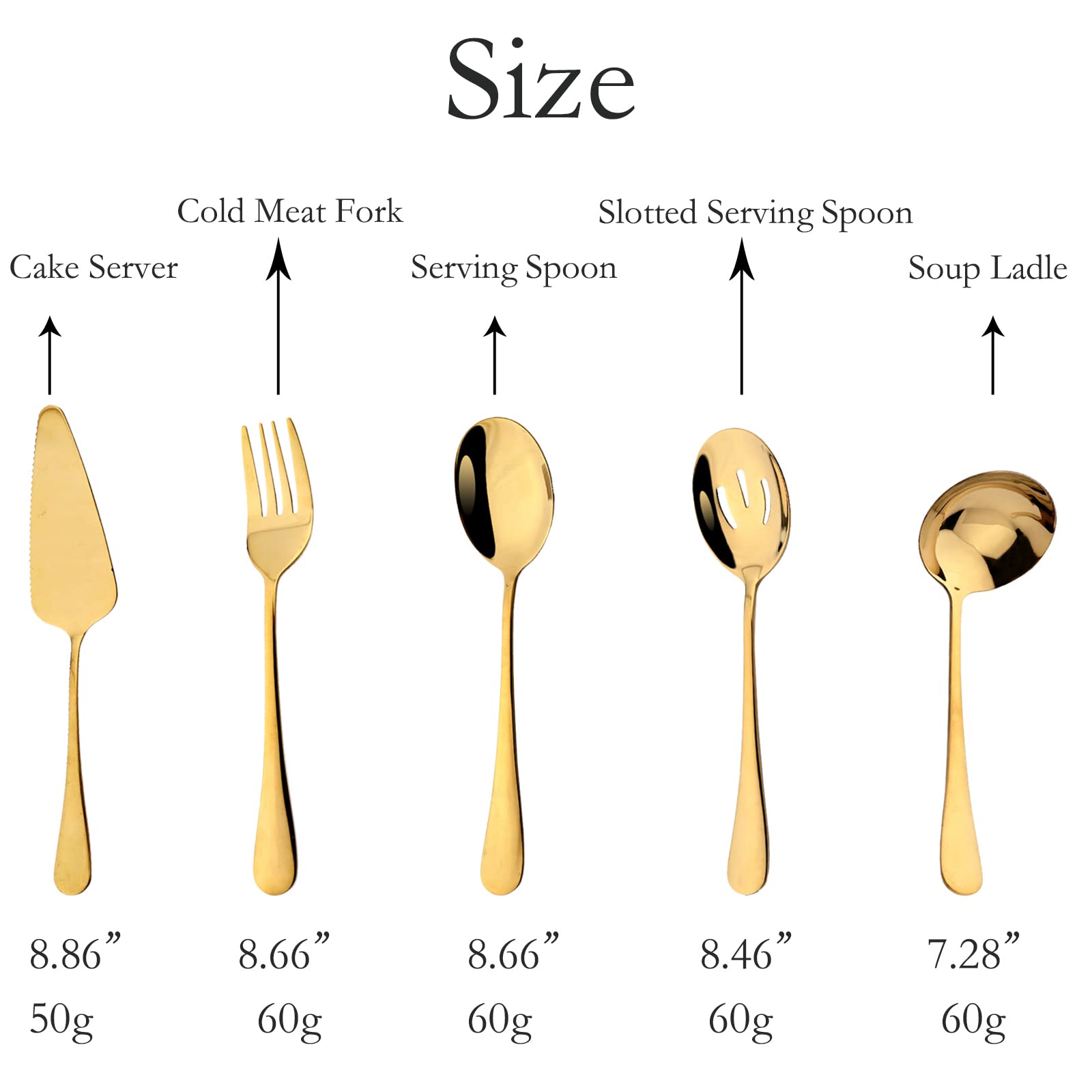 Premium 5-Piece Stainless Steel Flatware Serving Set - Gold Hostess Silverware with Cake Server, Slotted Spoon, Meat Fork & Soup Ladle - Dishwasher Safe - Perfect for Dinner Parties, Buffets & Formal Dining