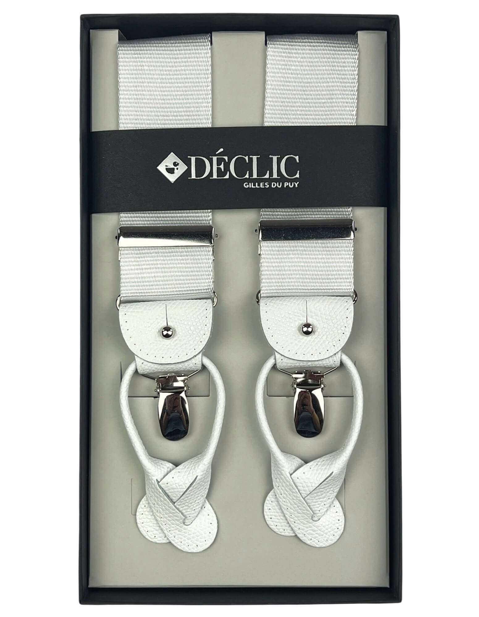 DÉCLIC Ribbed Satin 35mm 2 in 1 Braces for Men & Women - Adjustable Suspenders - White - Perfect for Weddings, Cosplay and Vintage Fashion Outfits