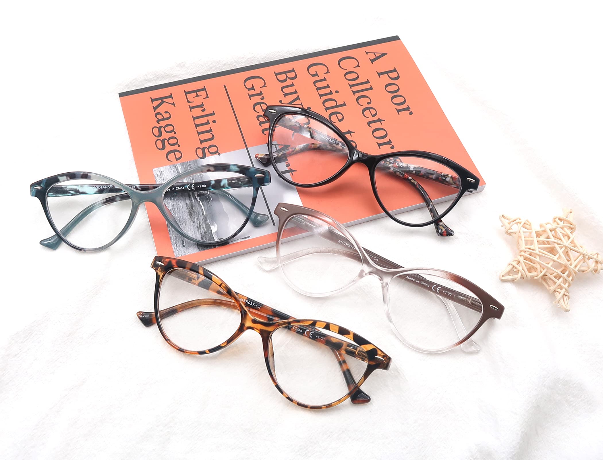 MODFANS 4 Pack Cat Eye Reading Glasses for Women - Spring Hinge, Stylish & Comfortable Readers - Perfect for Reading, Office Work, and Fashion Accessories