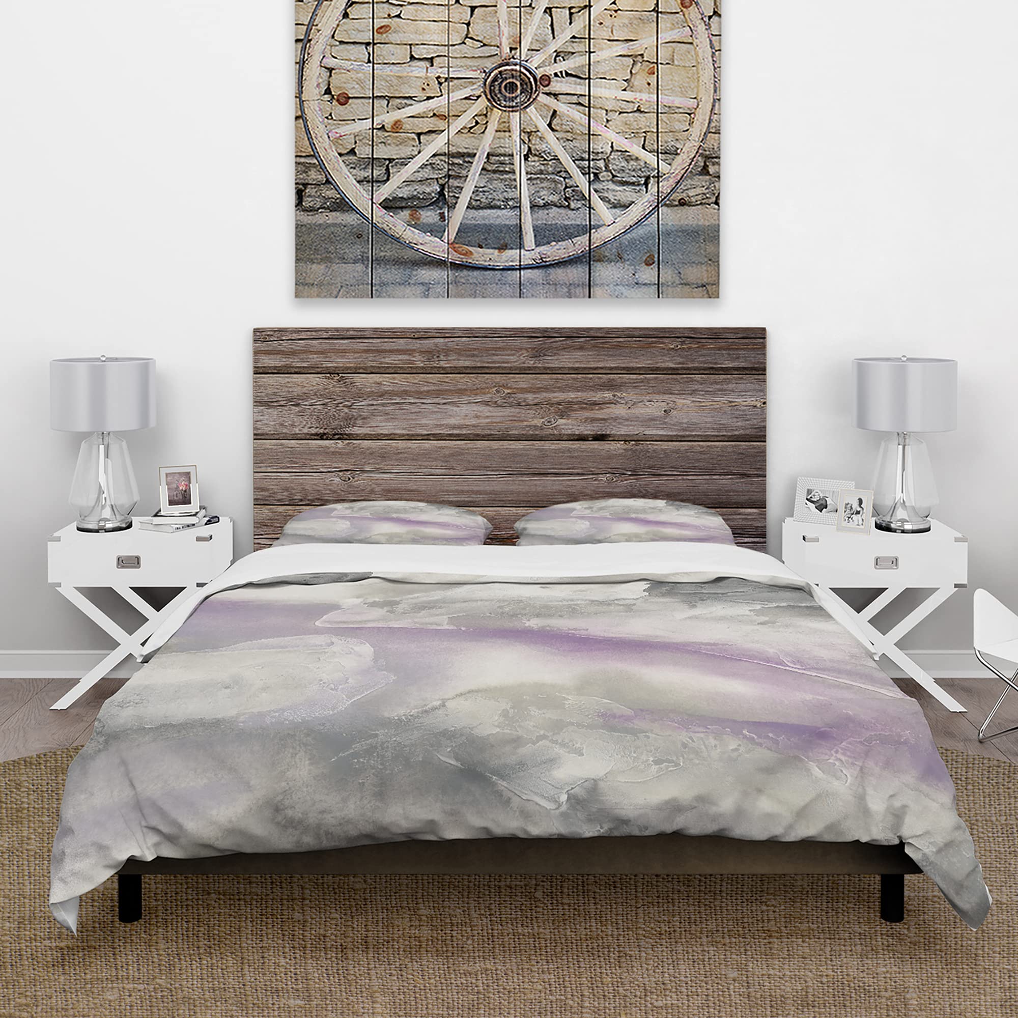 Minimal Purple Farmhouse Duvet Cover Set - King Size Grey Bedding for All Seasons | Cozy Country Charm Bedroom Decor