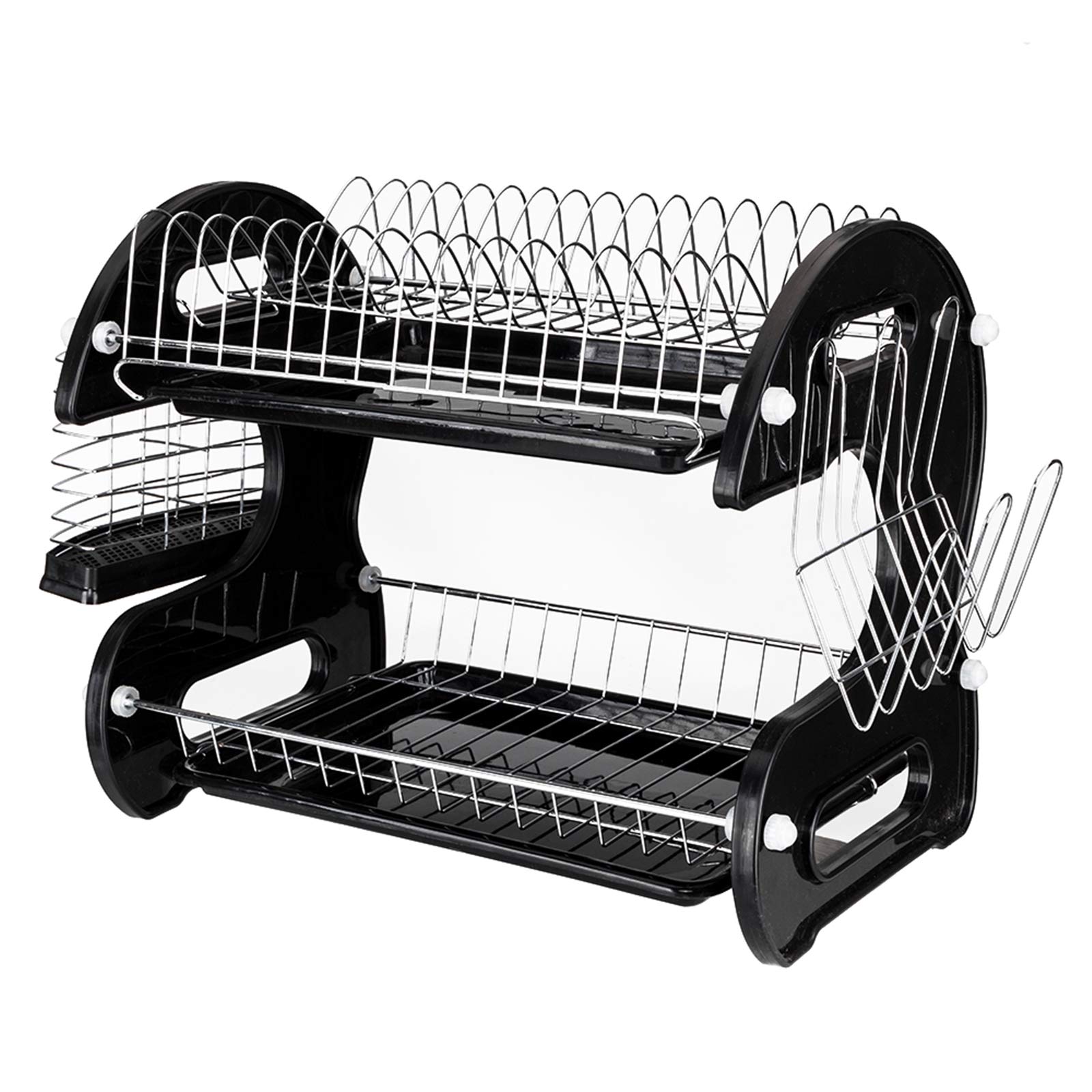 2-Tier Plastic Dish Drying Rack with Drainboard & Utensil Holders - Space Saving Kitchen Counter Organizer for Plates, Cups & Cutlery (Black/Silver, 17.3