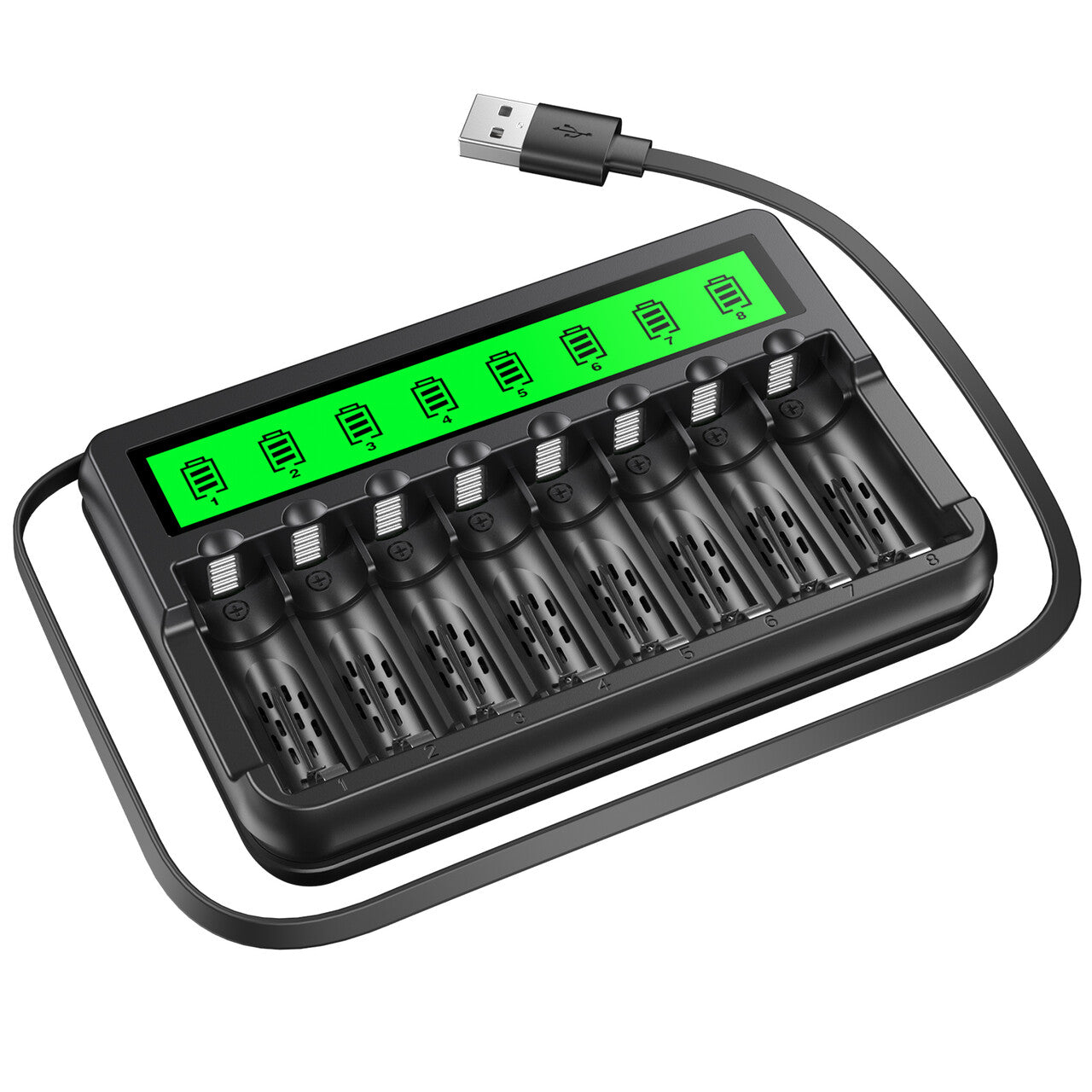 EBL 8 Bay LCD AA AAA Battery Charger with USB Built-in Cable - Fast Charging for Rechargeable Batteries, Universal Power Solution for Cameras, Toys, Flashlights & Electronics