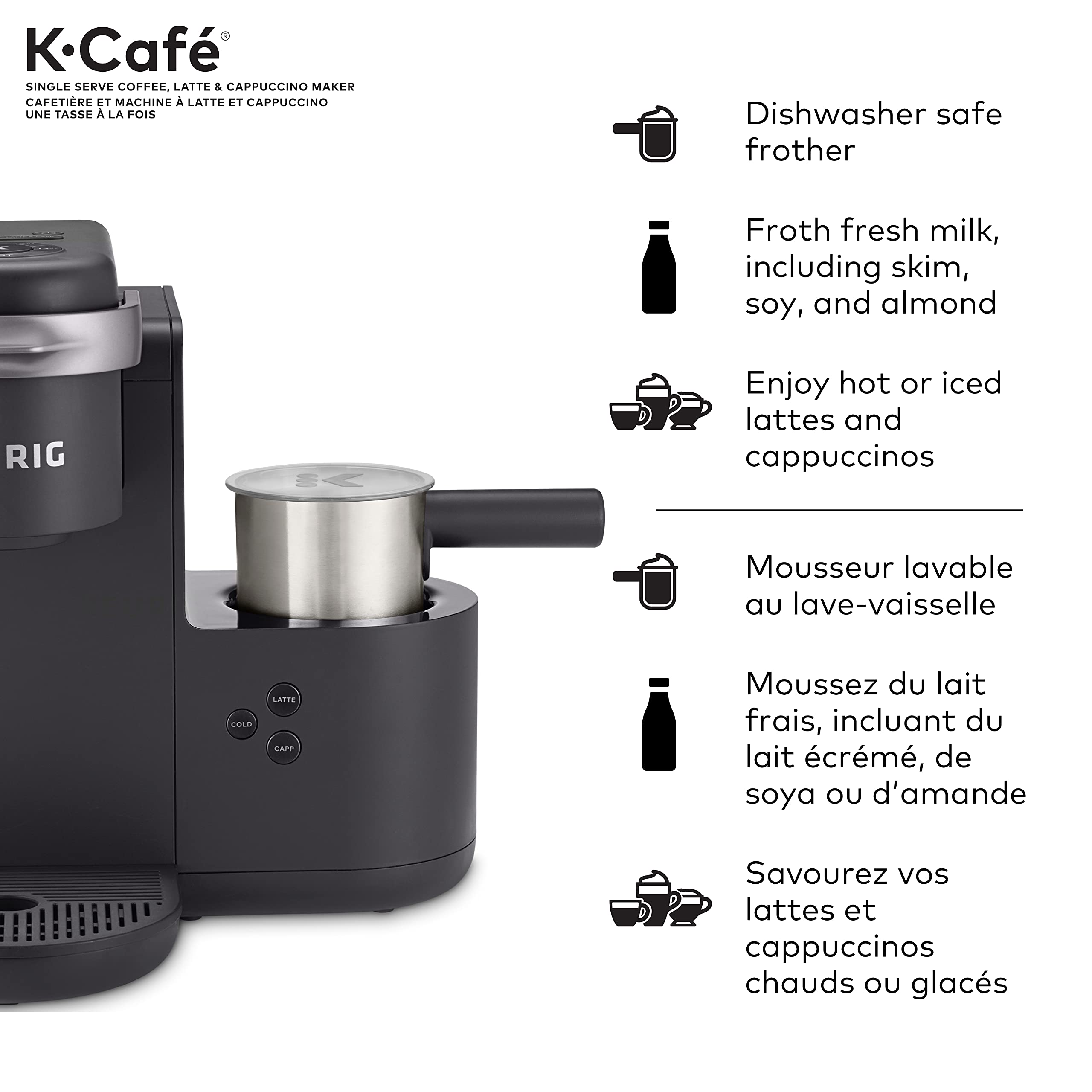 Keurig K-Café Single Serve Coffee Maker with Milk Frother - Brews K-Cup Pods, Lattes & Cappuccinos - Charcoal Grey - Perfect for Home, Office & Entertaining