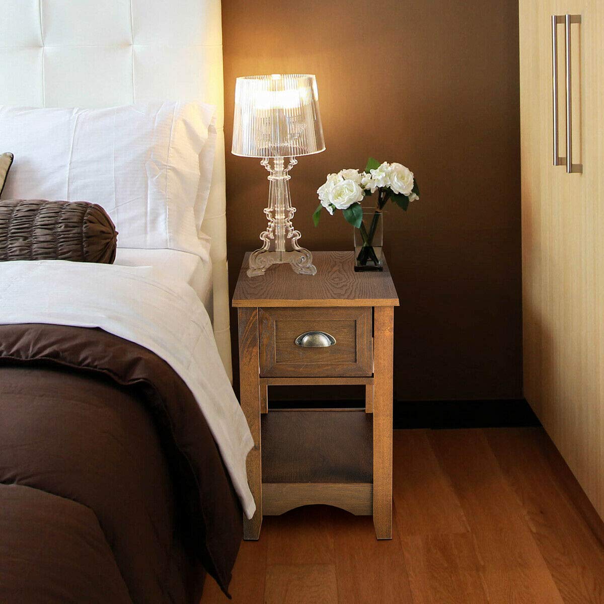 Giantex Retro Narrow End Table with Drawer & Storage Shelf - Solid Wood Nightstand for Bedroom, Living Room, Home Office - Small Space Furniture for Apartment, Dorm, Studio (2-Pack, Tawny)